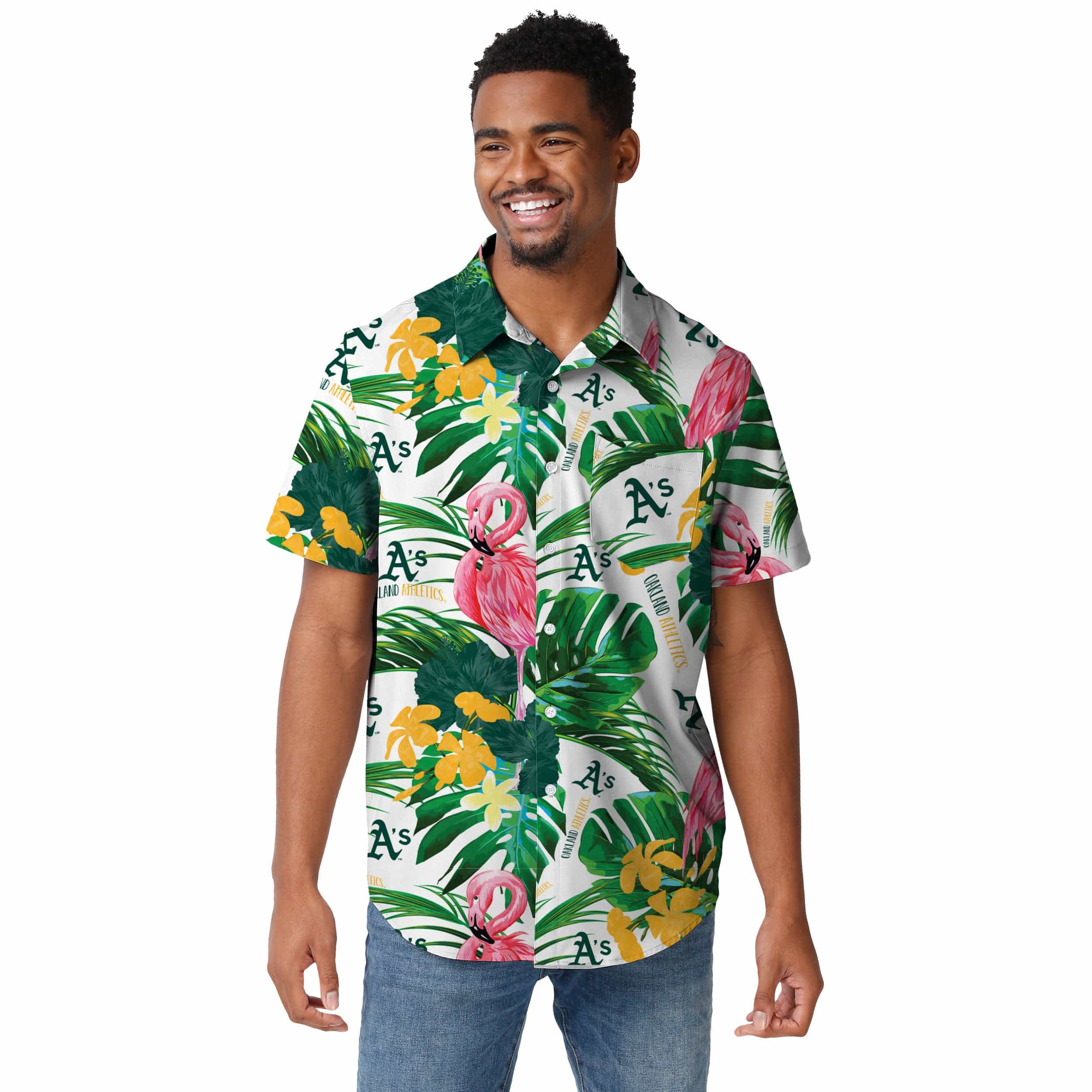 Athletics MLB Mens Flamingo Button Up Shirt - Image 2