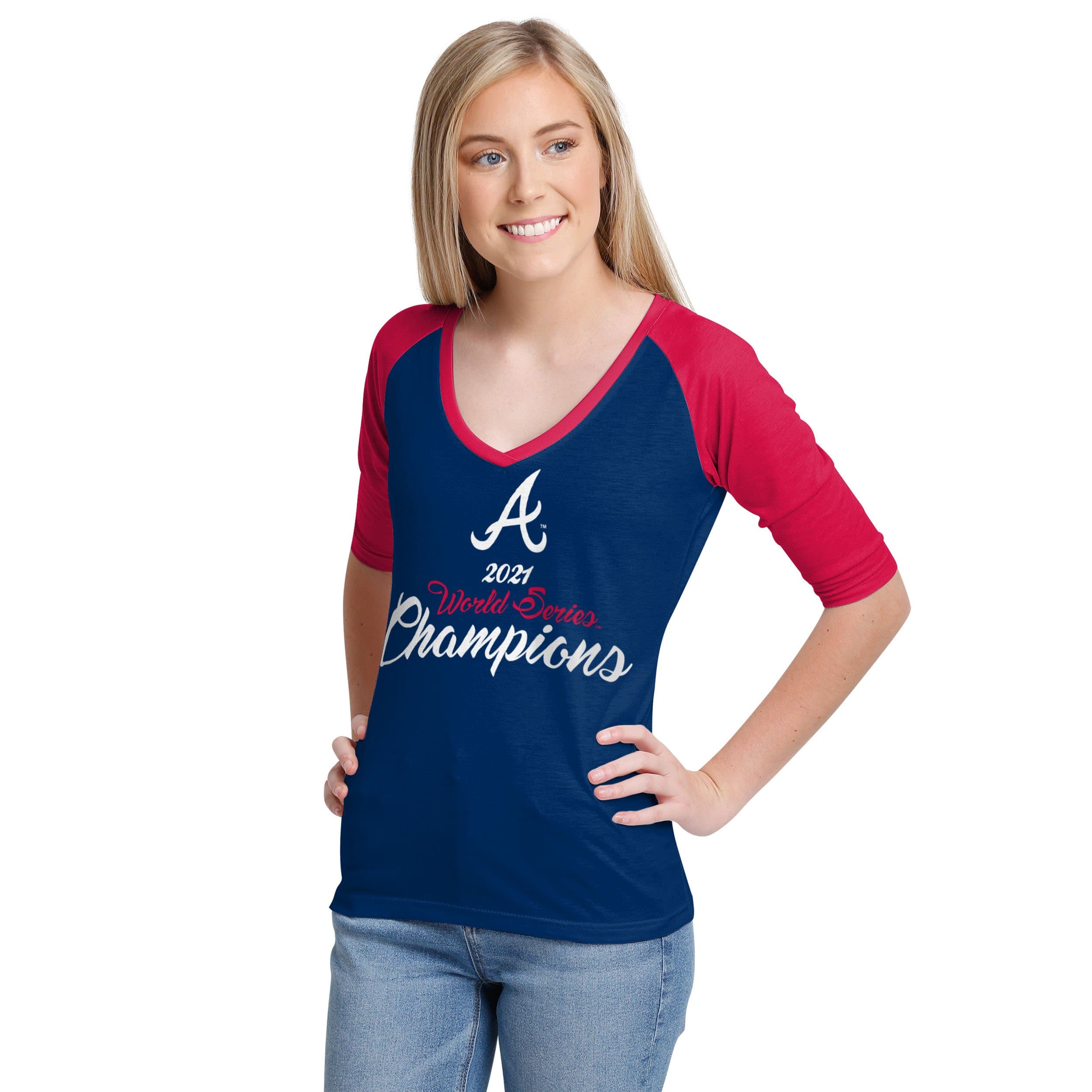 Atlanta Braves MLB 2021 World Series Champions Womens V-Neck Raglan Shirt - Image 2