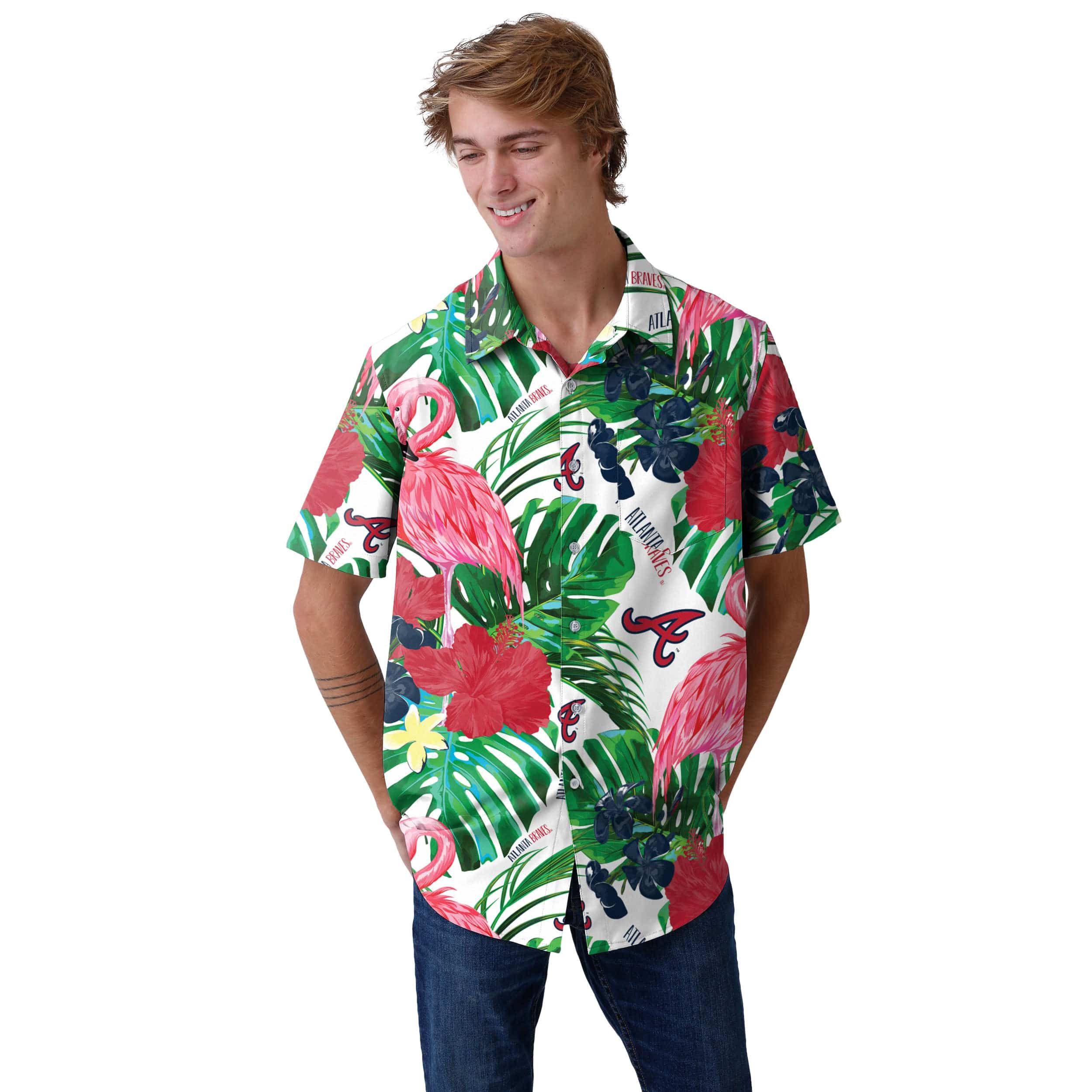 Atlanta Braves MLB Mens Flamingo Button Up Shirt - Image 2