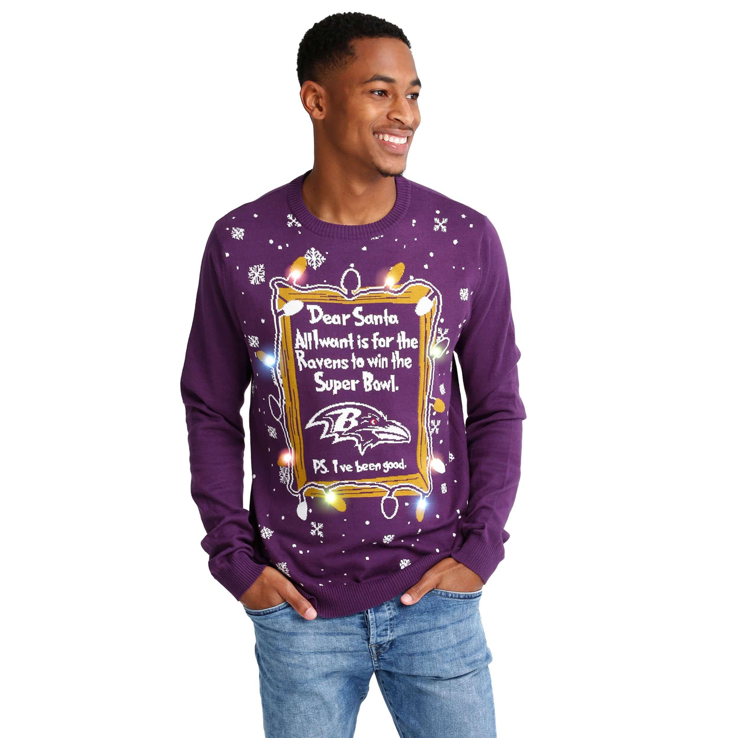 Baltimore Ravens NFL Mens Dear Santa Light Up Sweater - Image 2