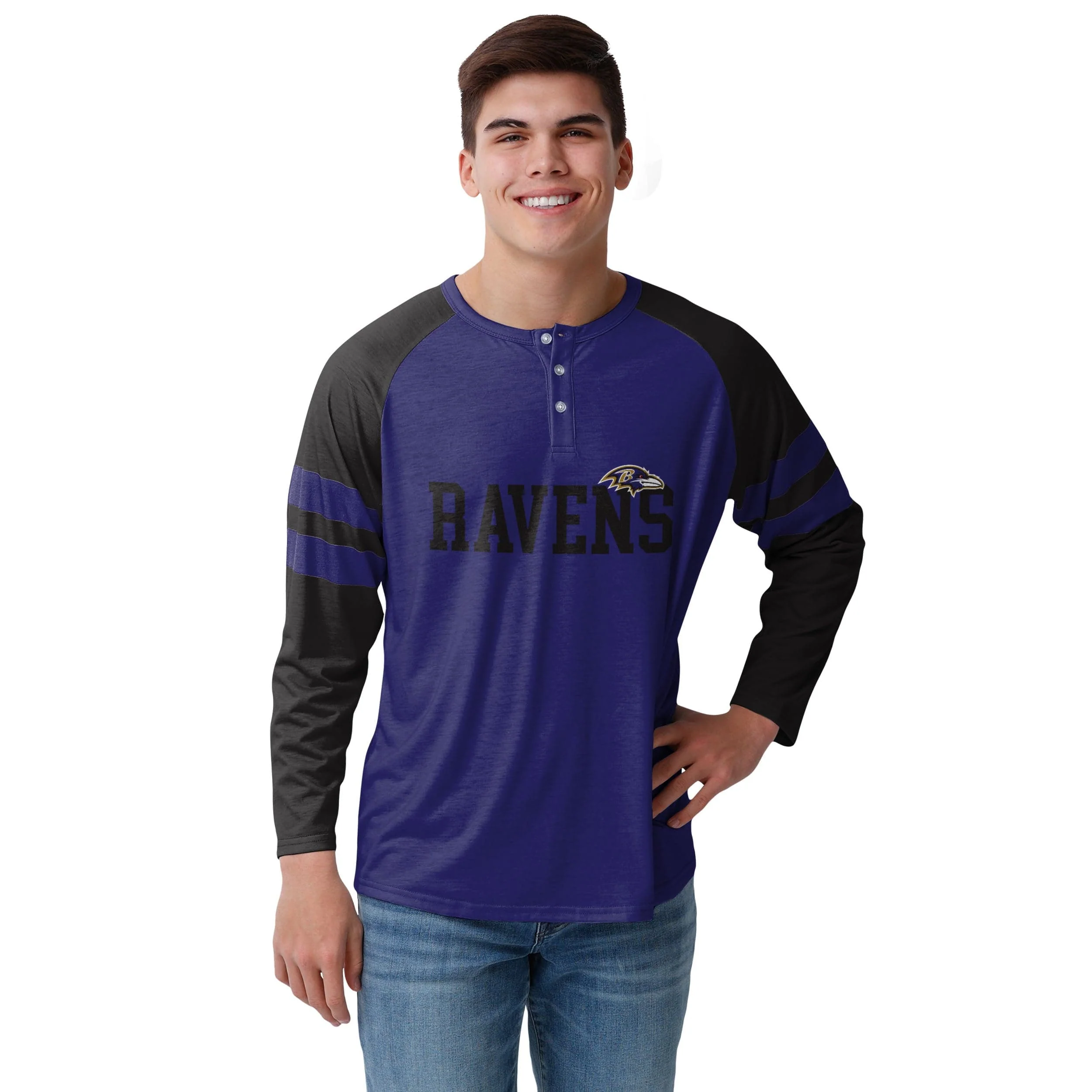 Baltimore Ravens NFL Mens Team Stripe Wordmark Long Sleeve Henley - Image 2