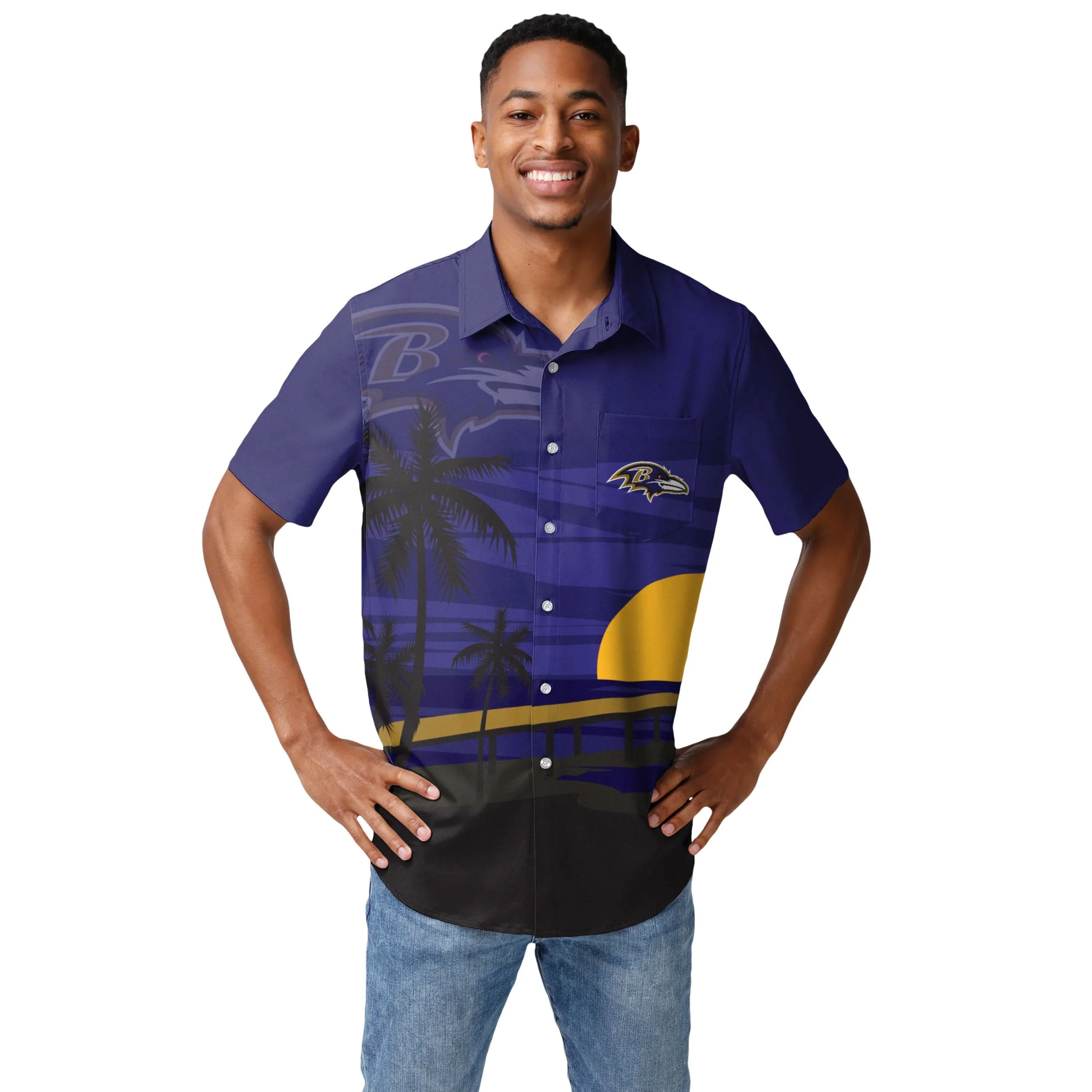 Baltimore Ravens NFL Mens Tropical Sunset Button Up Shirt - Image 2