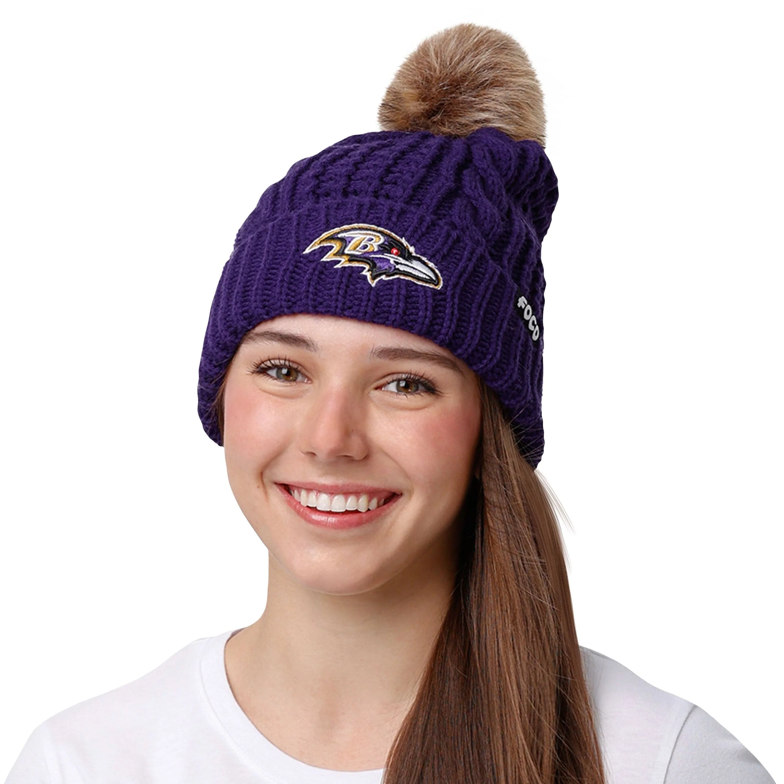 Baltimore Ravens NFL Womens Faux Fur Pom Beanie - Image 3