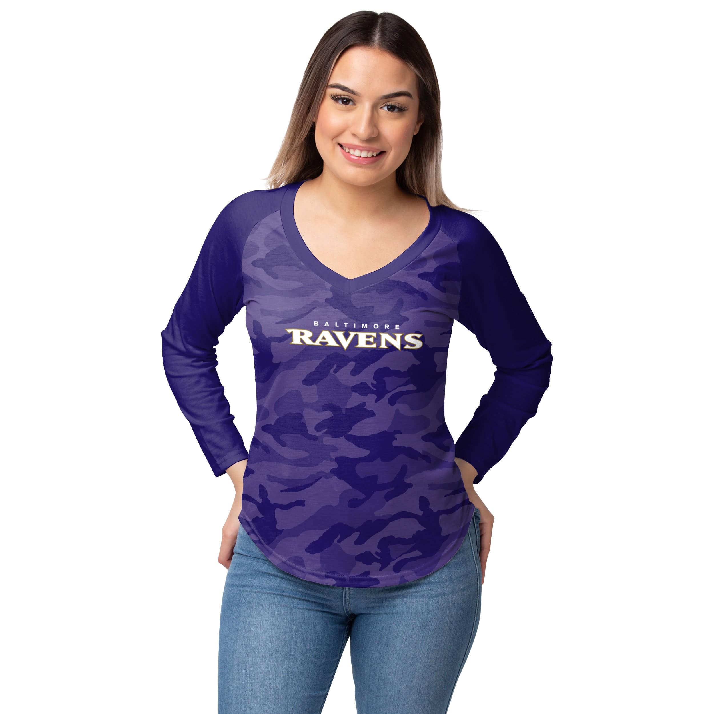 Baltimore Ravens NFL Womens Wordmark Tonal Camo Raglan T-Shirt - Image 2