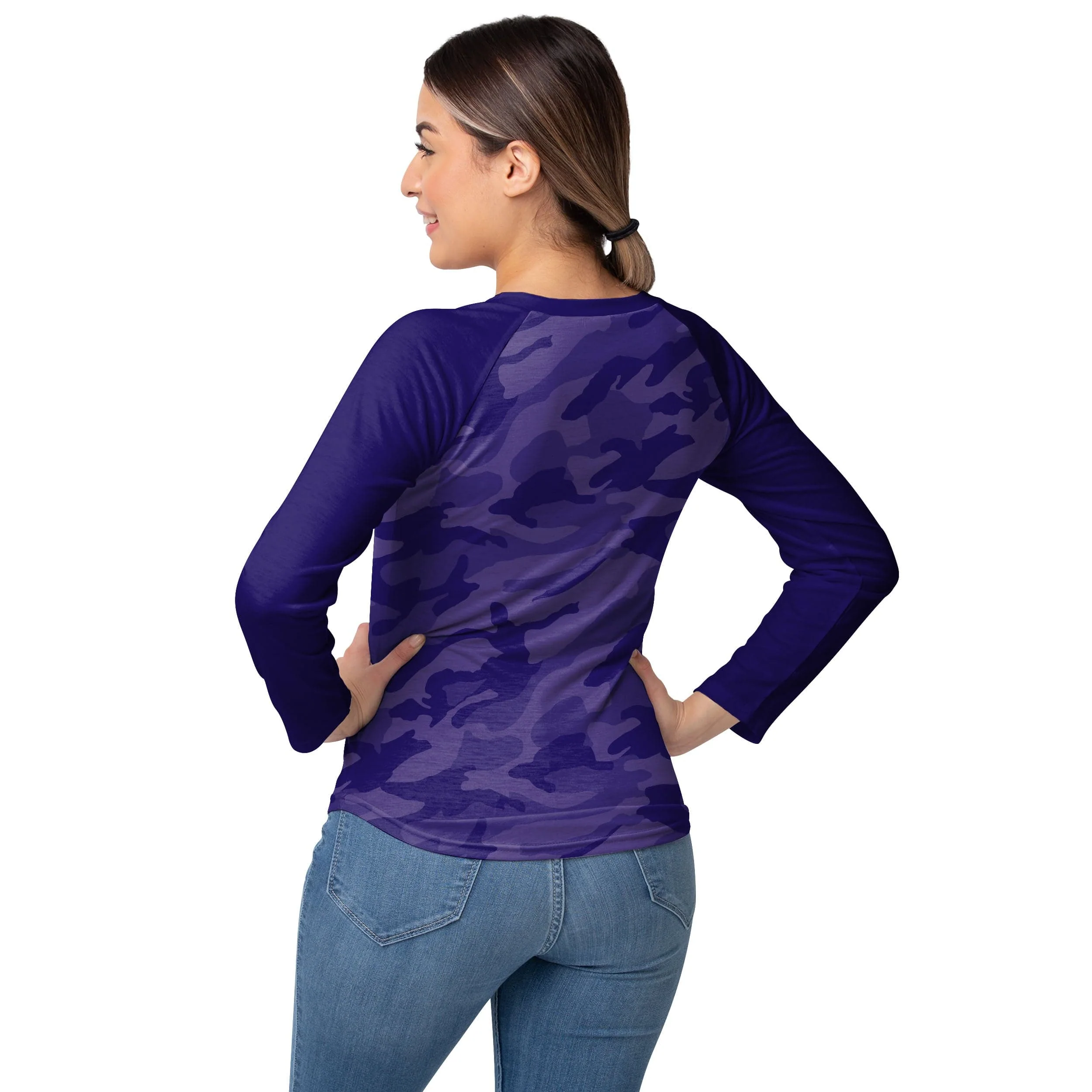 Baltimore Ravens NFL Womens Wordmark Tonal Camo Raglan T-Shirt - Image 3
