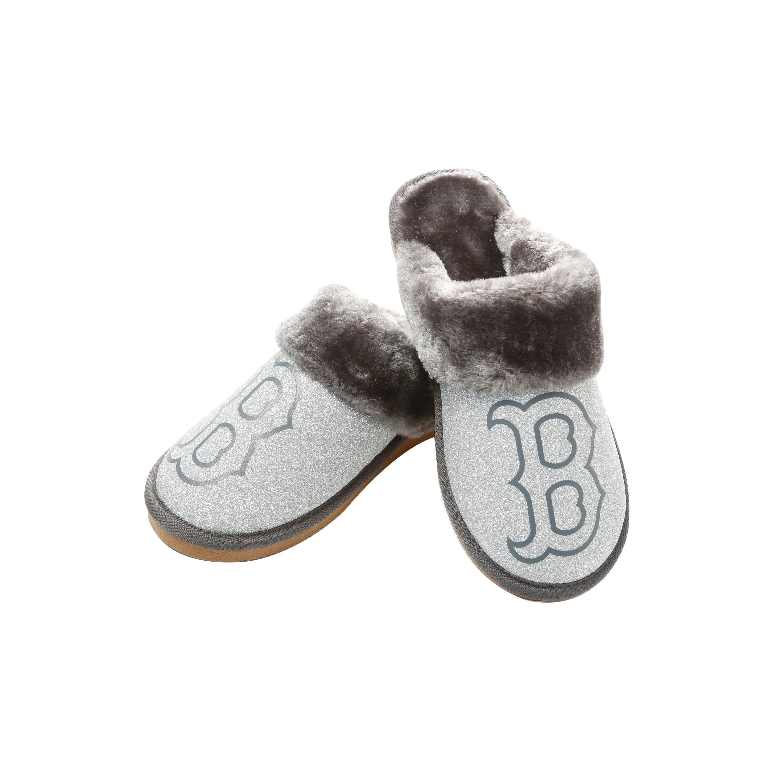 Boston Red Sox MLB Womens Glitter Open Back Fur Moccasin Slippers