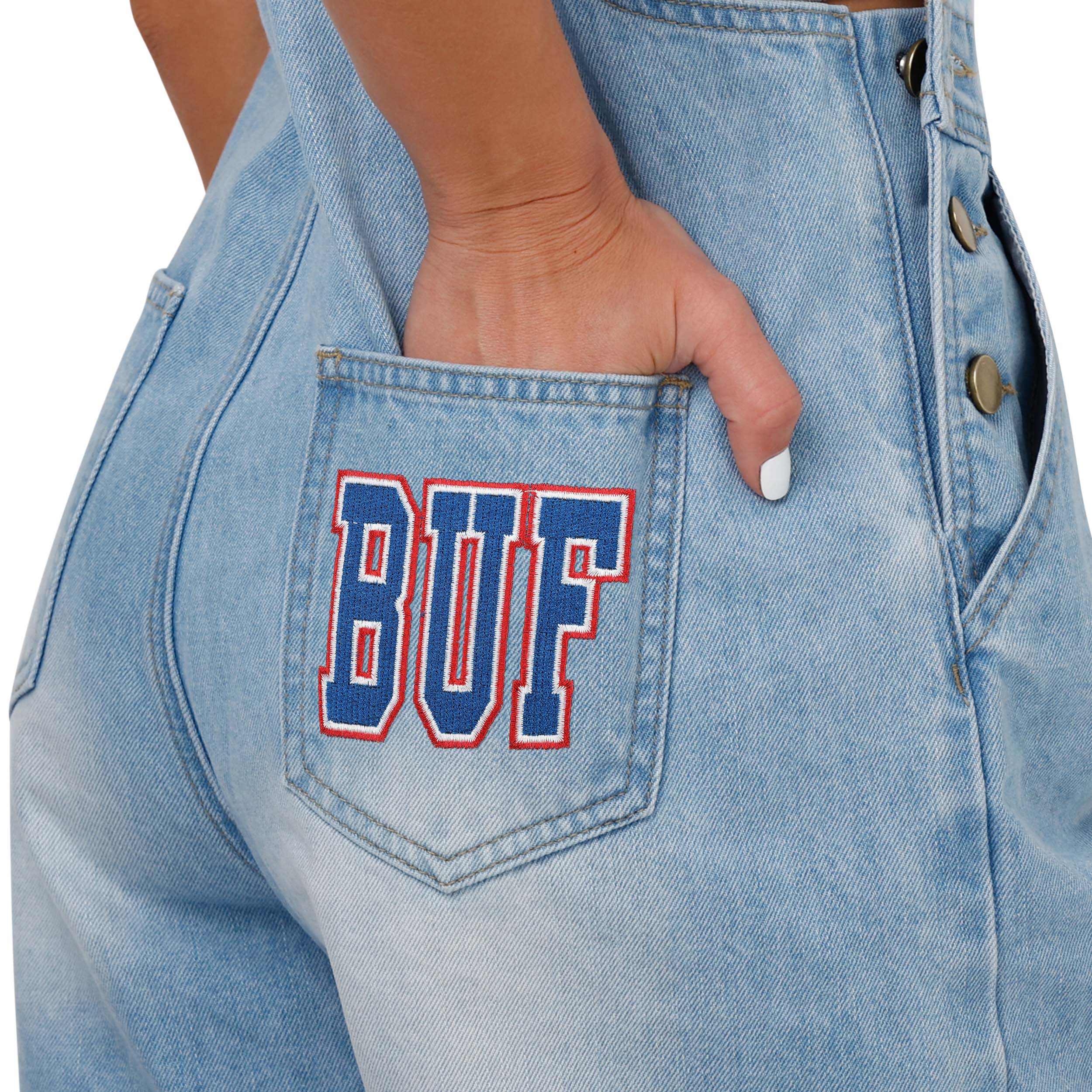 Buffalo Bills NFL Womens Big Logo Denim Bib Shortalls - Image 5