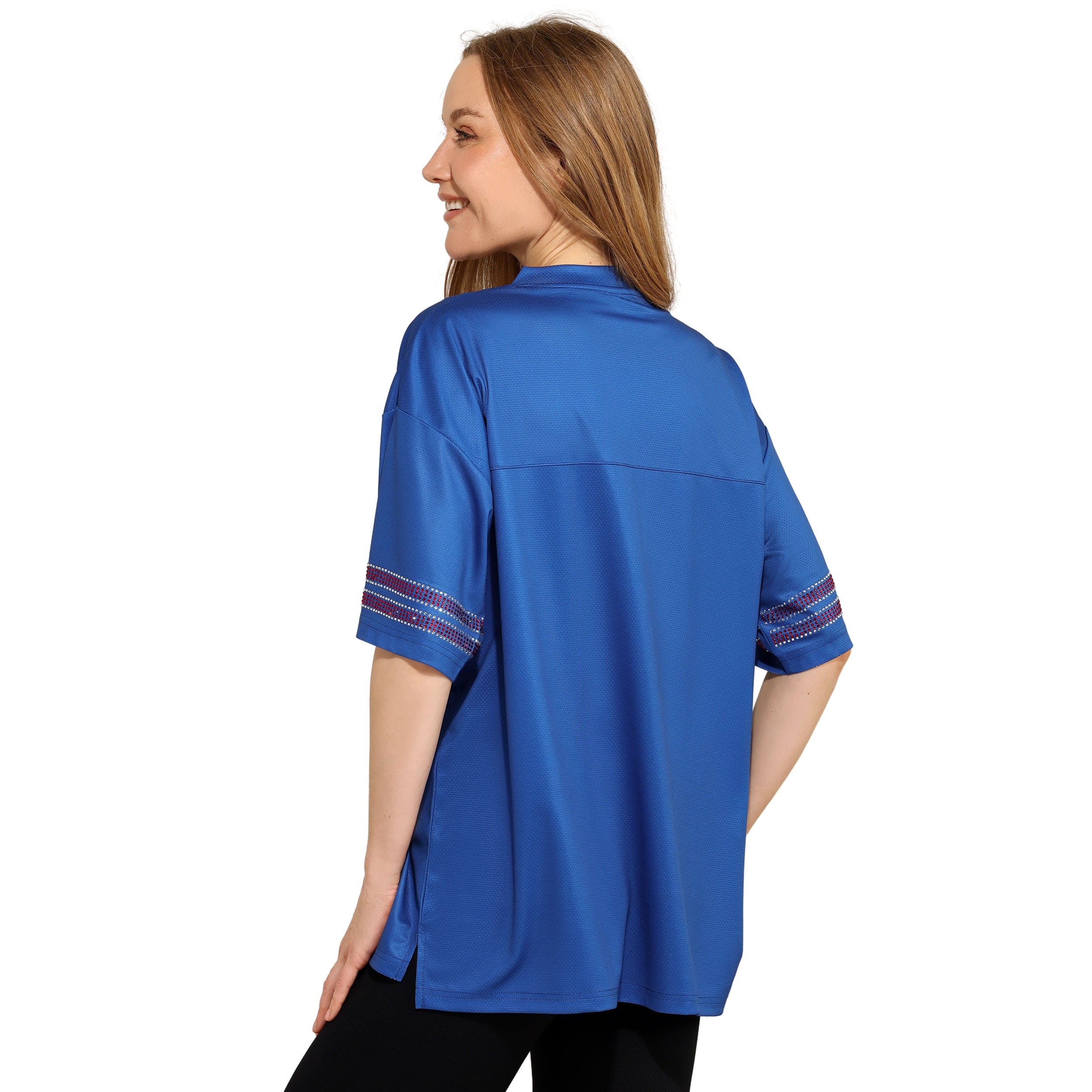 Buffalo Bills NFL Womens Rhinestone Logo Oversized V-Neck Mesh T-Shirt - Image 3