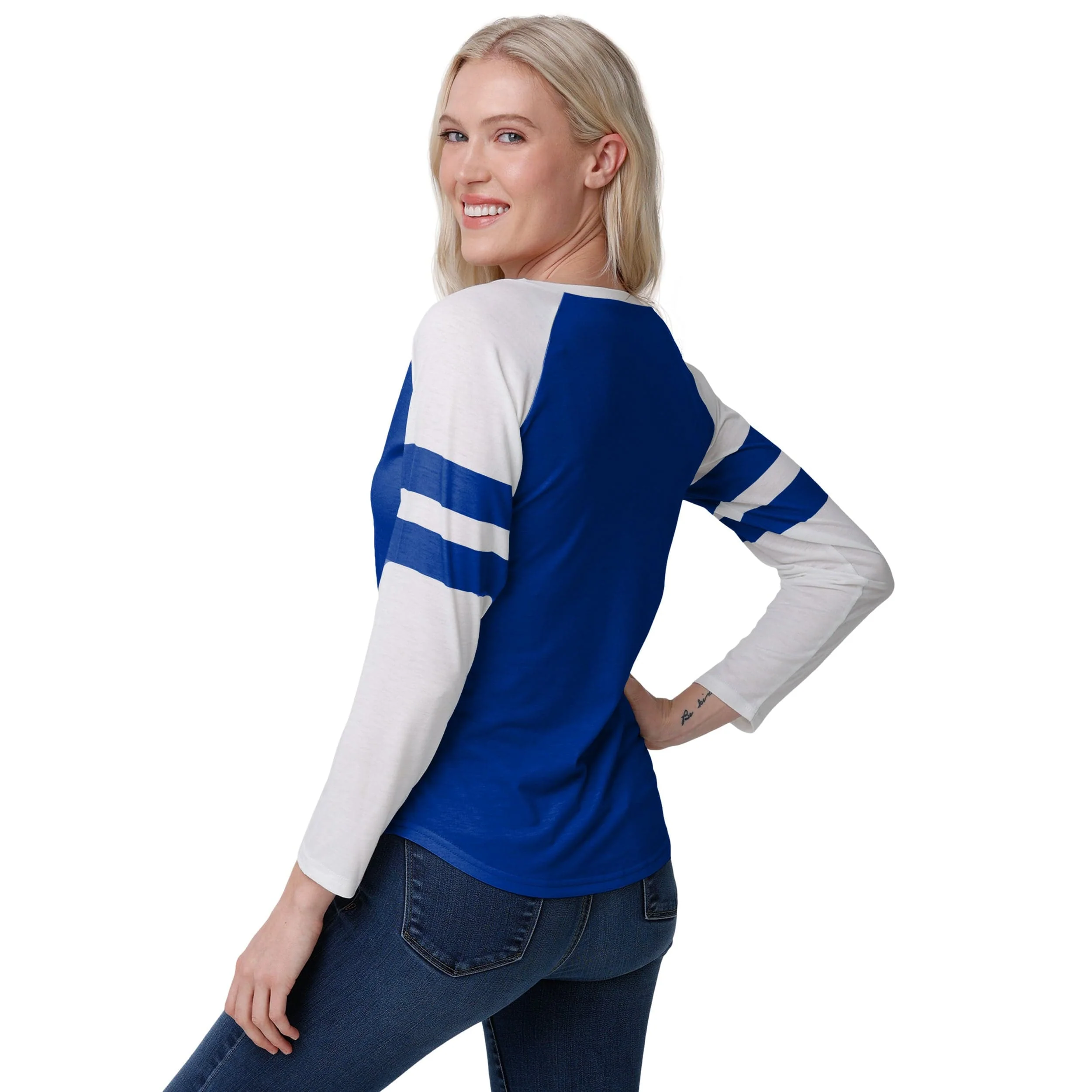 Buffalo Bills NFL Womens Script Wordmark Striped Sleeve Raglan T-Shirt - Image 3