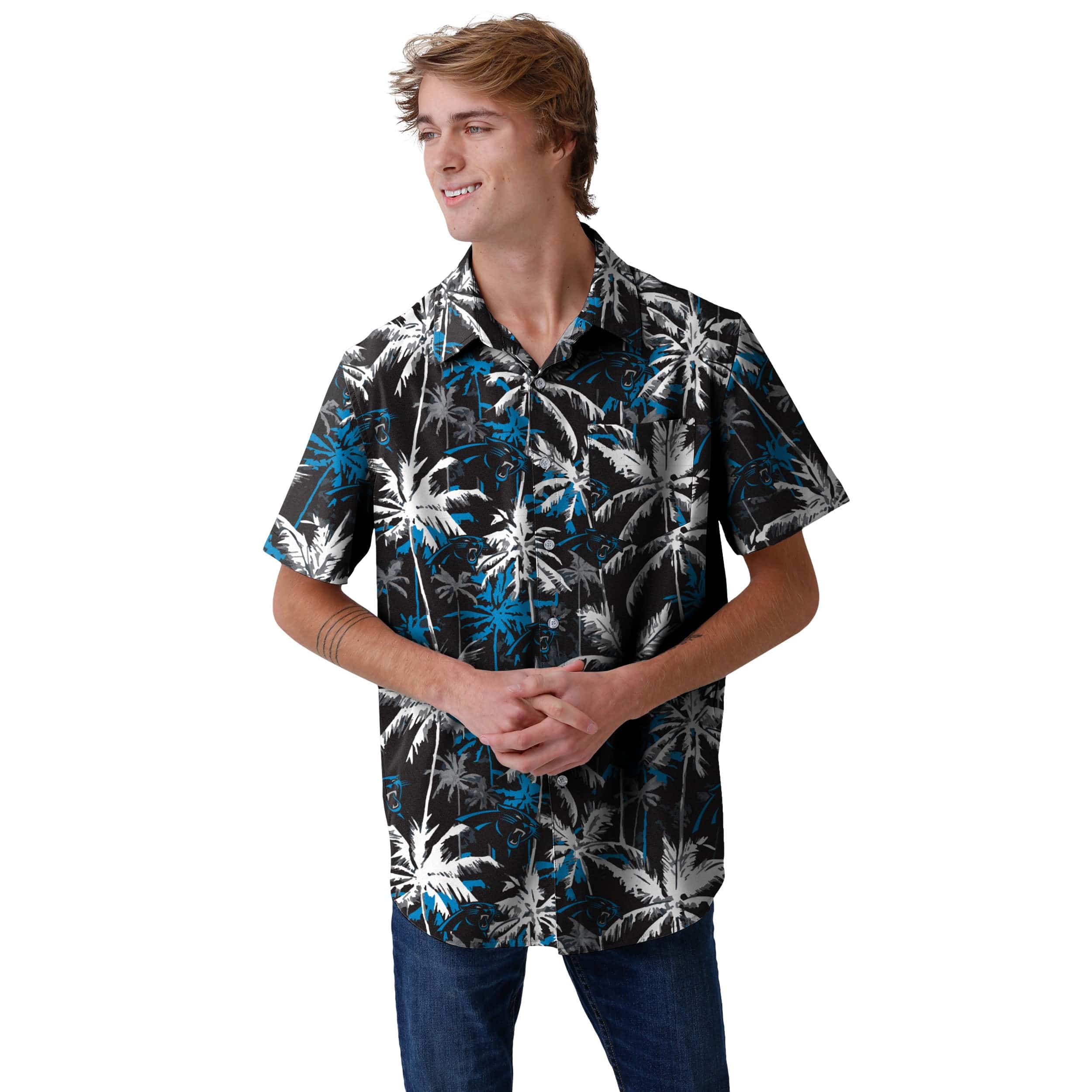 Carolina Panthers NFL Mens Black Floral Button Up Shirt - Image 2