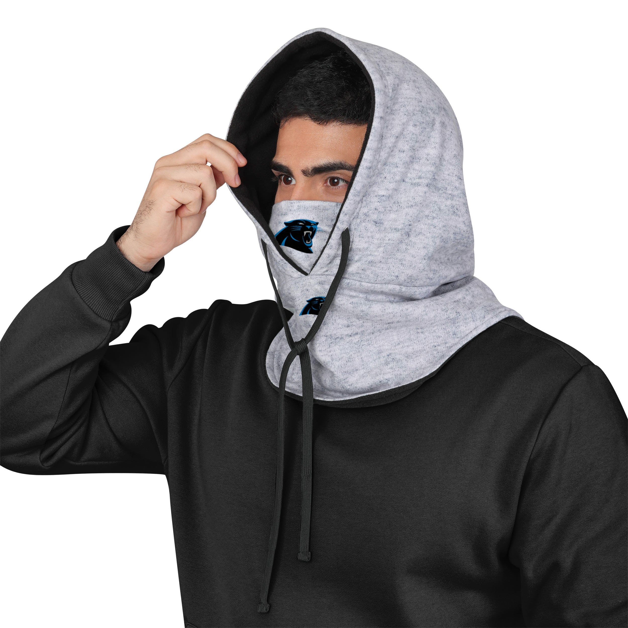 Carolina Panthers NFL Heather Gray Drawstring Hooded Gaiter Scarf - Image 3