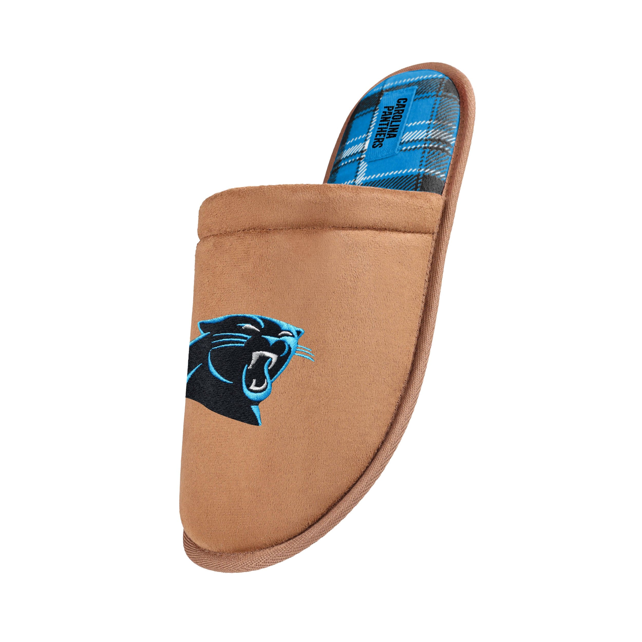 Carolina Panthers NFL Mens Flannel Lined Brown Suede Scuff Slipper - Image 2