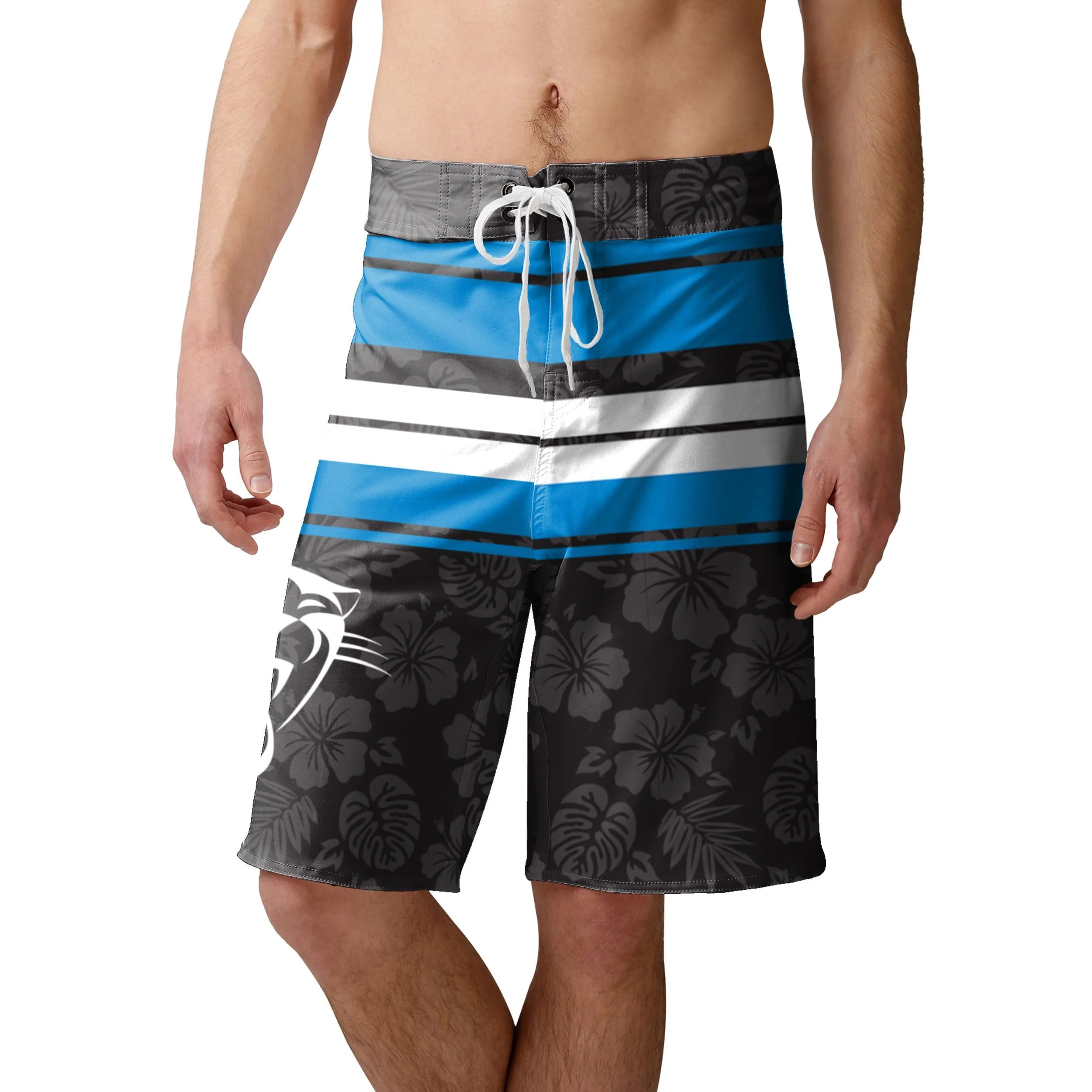 Carolina Panthers NFL Mens Hibiscus Boardwalk Stripe Boardshorts - Image 2