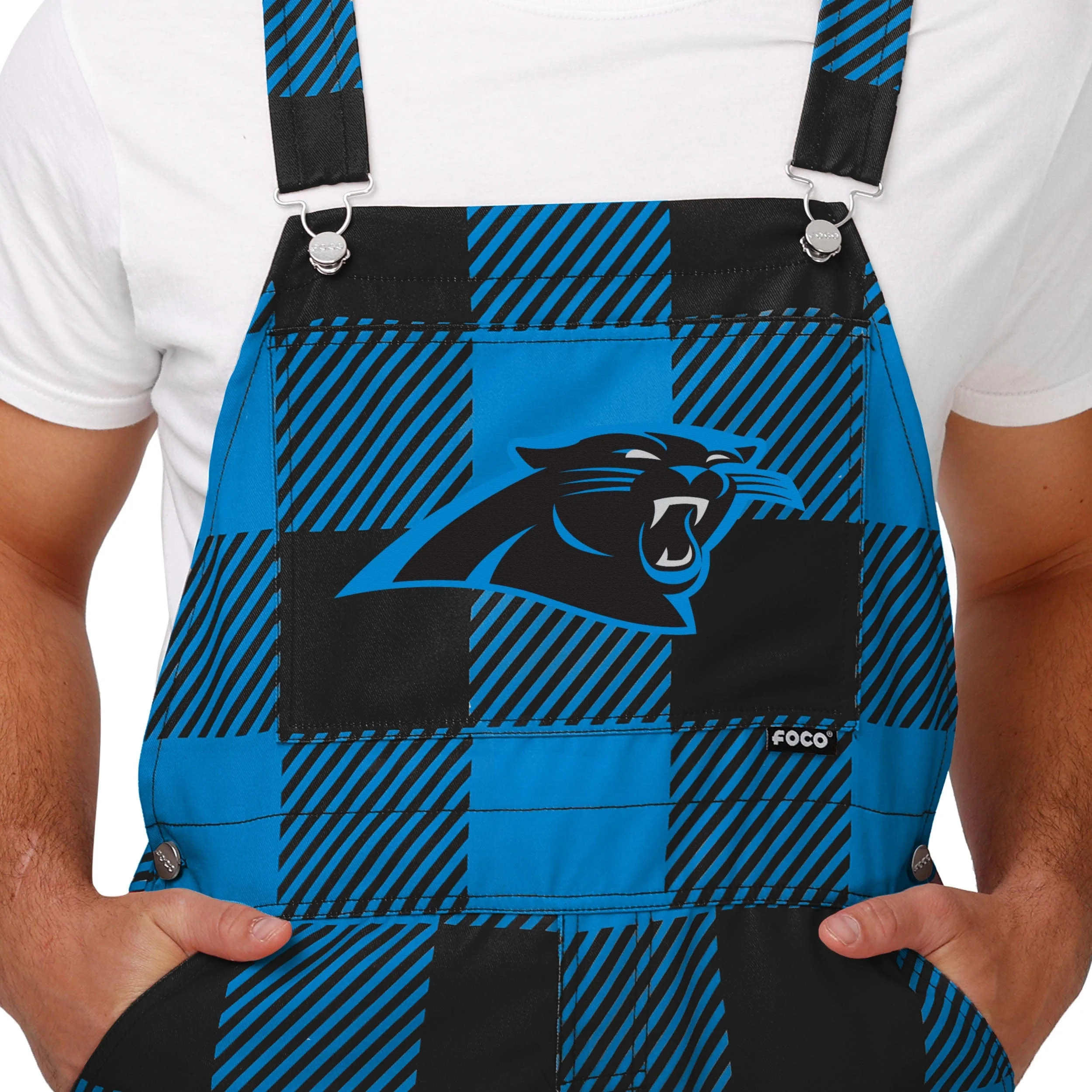 Carolina Panthers NFL Mens Plaid Bib Overalls - Image 4