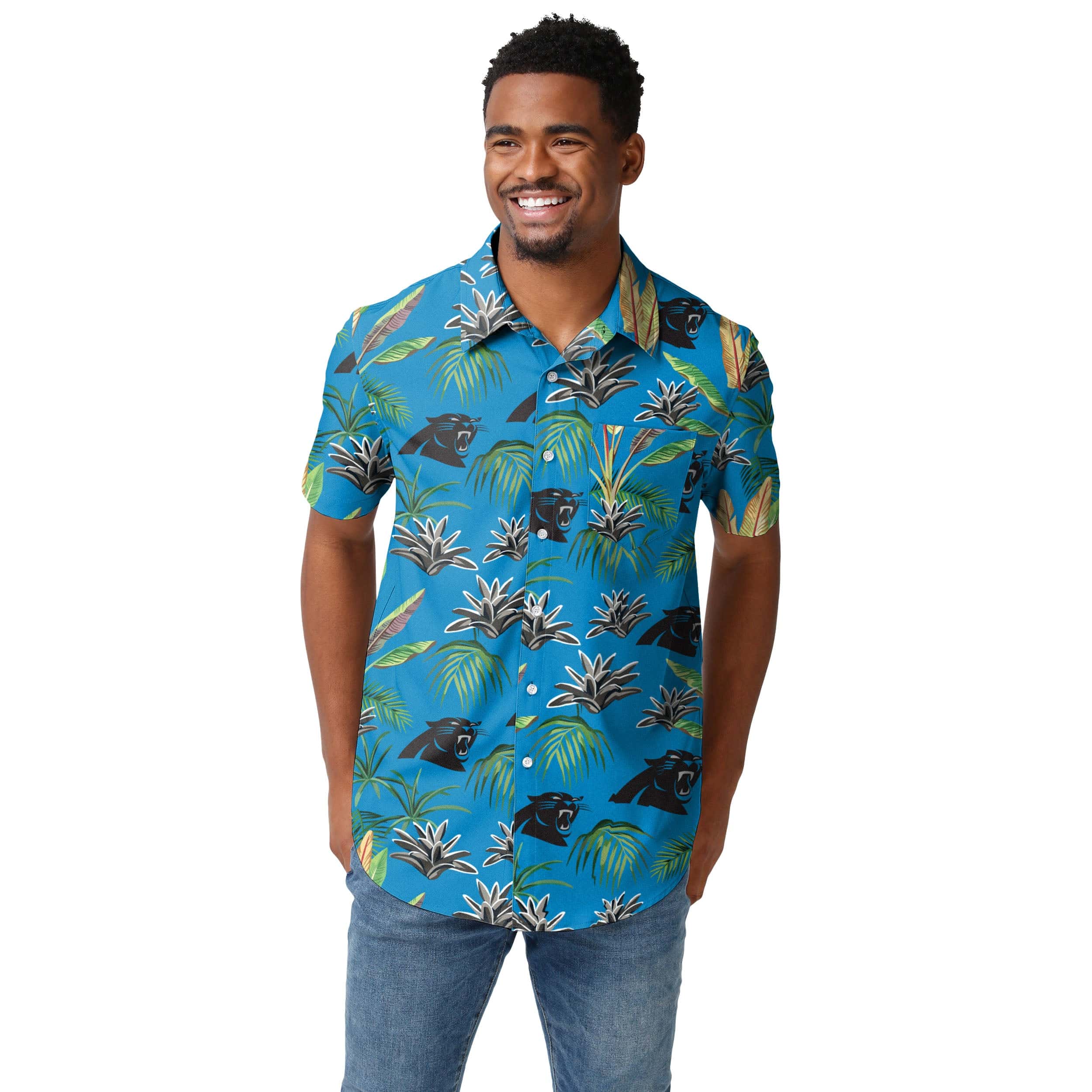 Carolina Panthers NFL Mens Victory Vacay Button Up Shirt - Image 2