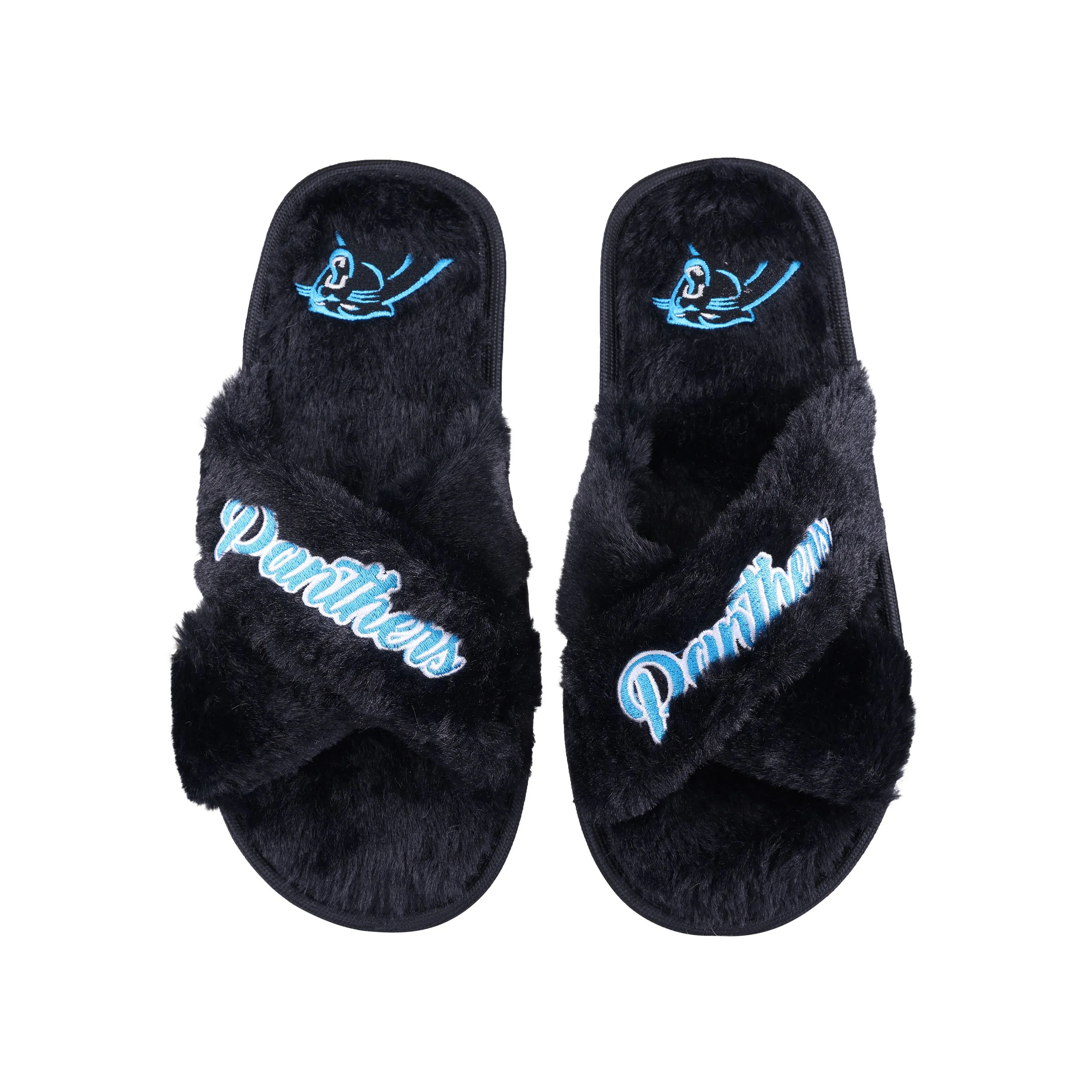 Carolina Panthers NFL Womens Script Wordmark Fur Cross Slide - Image 2