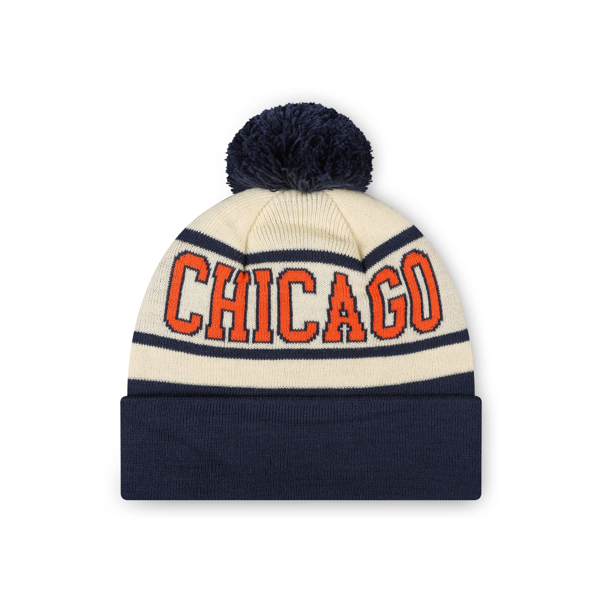 Chicago Bears NFL Cream Heritage Stripe Retro Logo Pom Beanie - Image 2