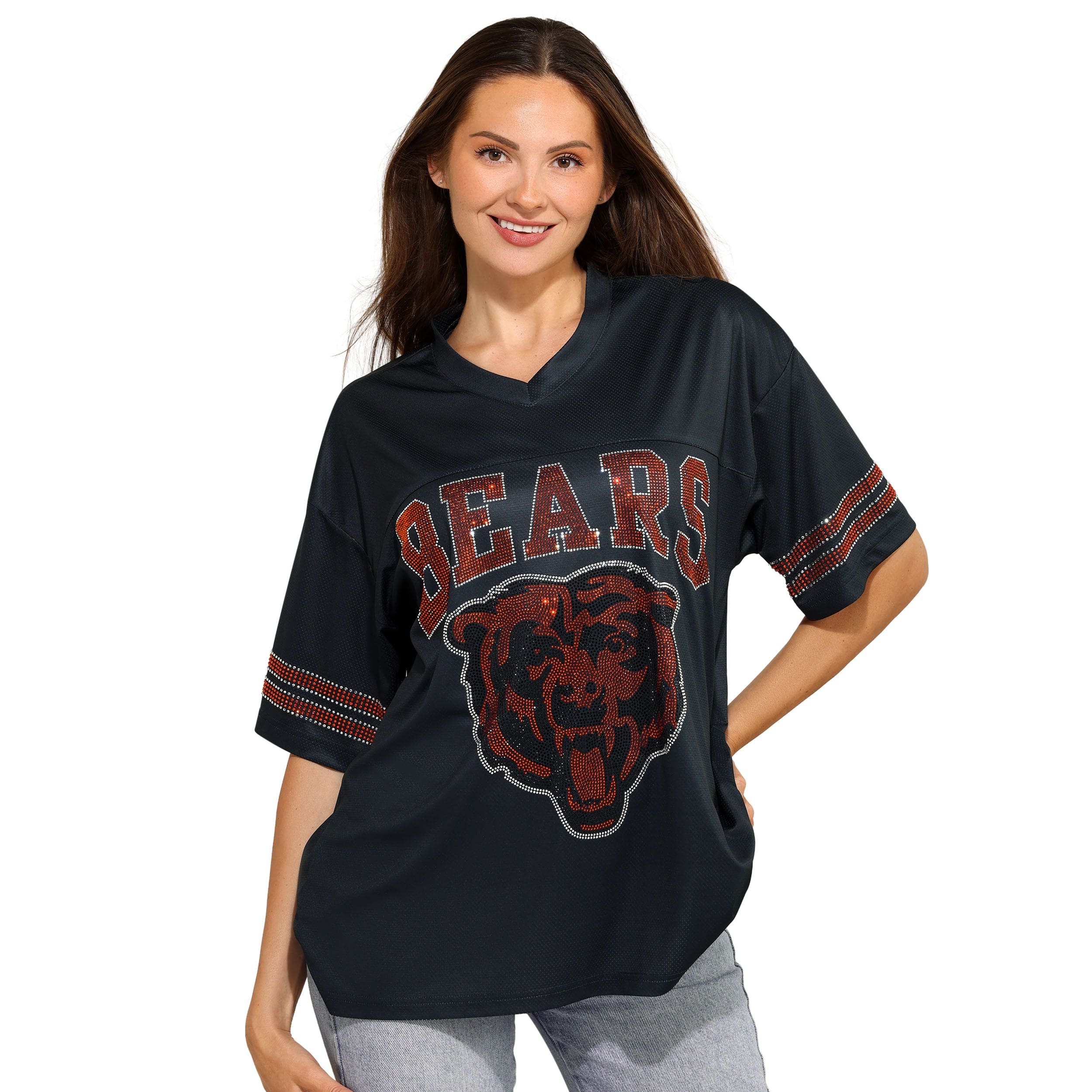 Chicago Bears NFL Womens Rhinestone Logo Oversized V-Neck Mesh T-Shirt