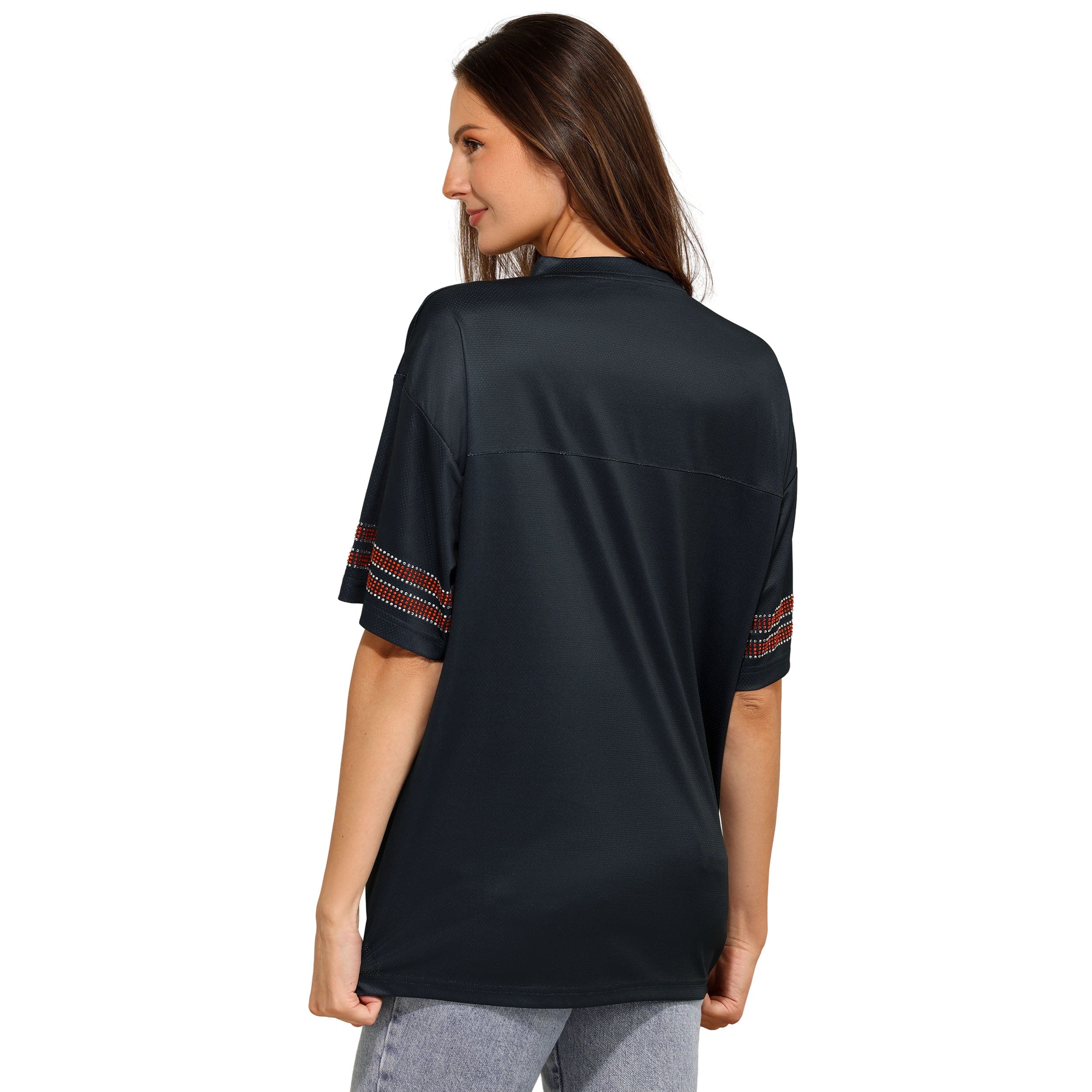 Chicago Bears NFL Womens Rhinestone Logo Oversized V-Neck Mesh T-Shirt - Image 3