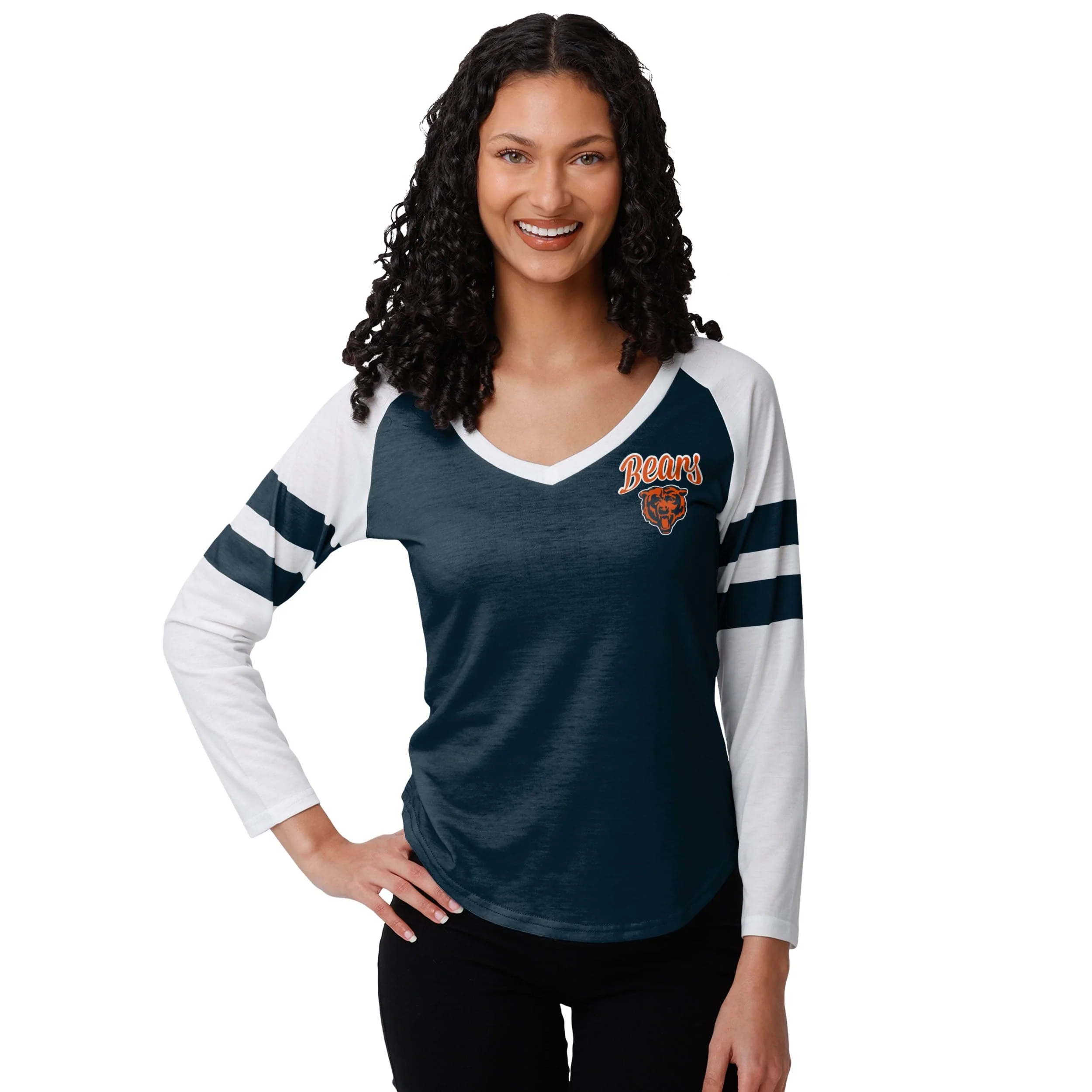 Chicago Bears NFL Womens Script Wordmark Striped Sleeve Raglan T-Shirt - Image 2