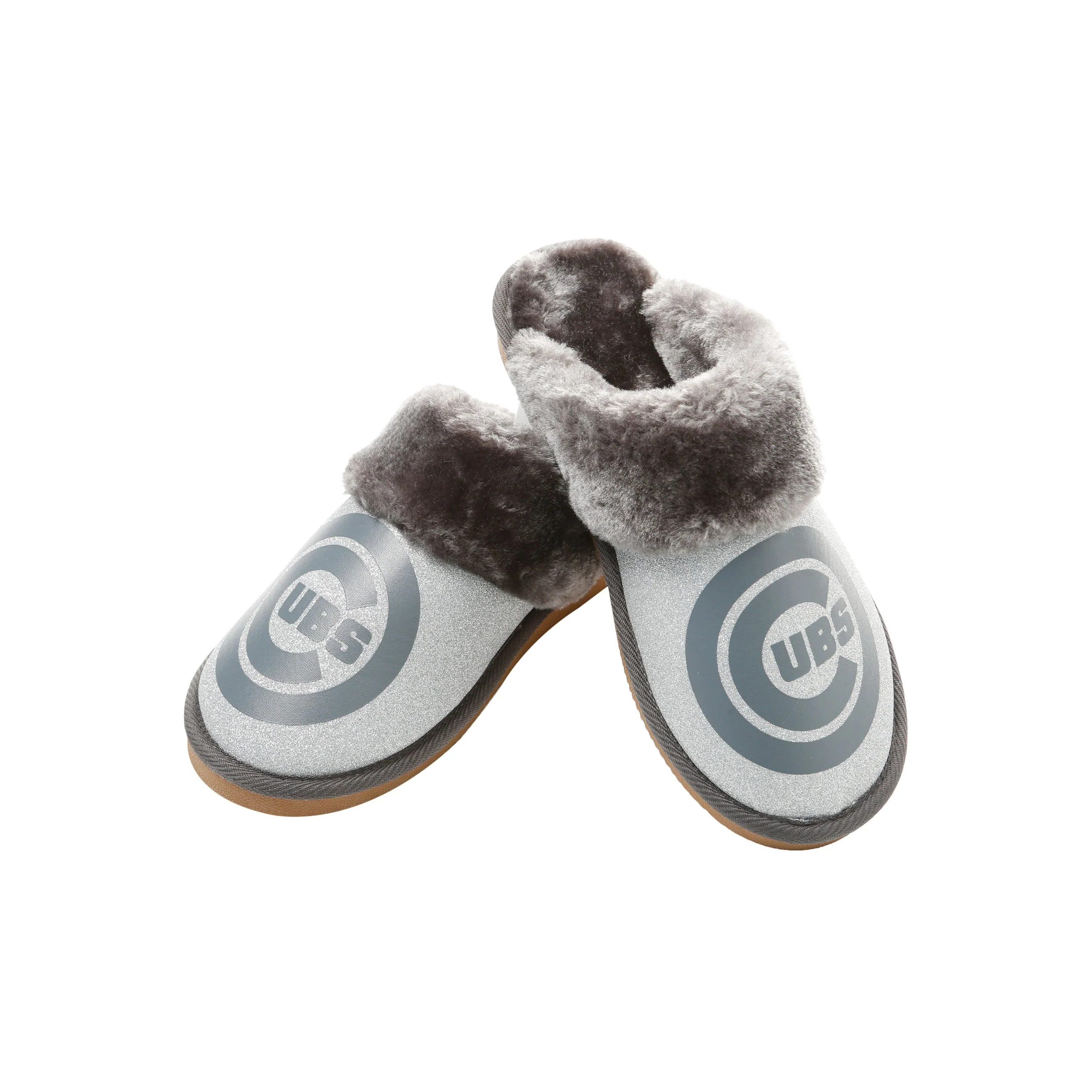 Chicago Cubs MLB Womens Glitter Open Back Fur Moccasin Slippers