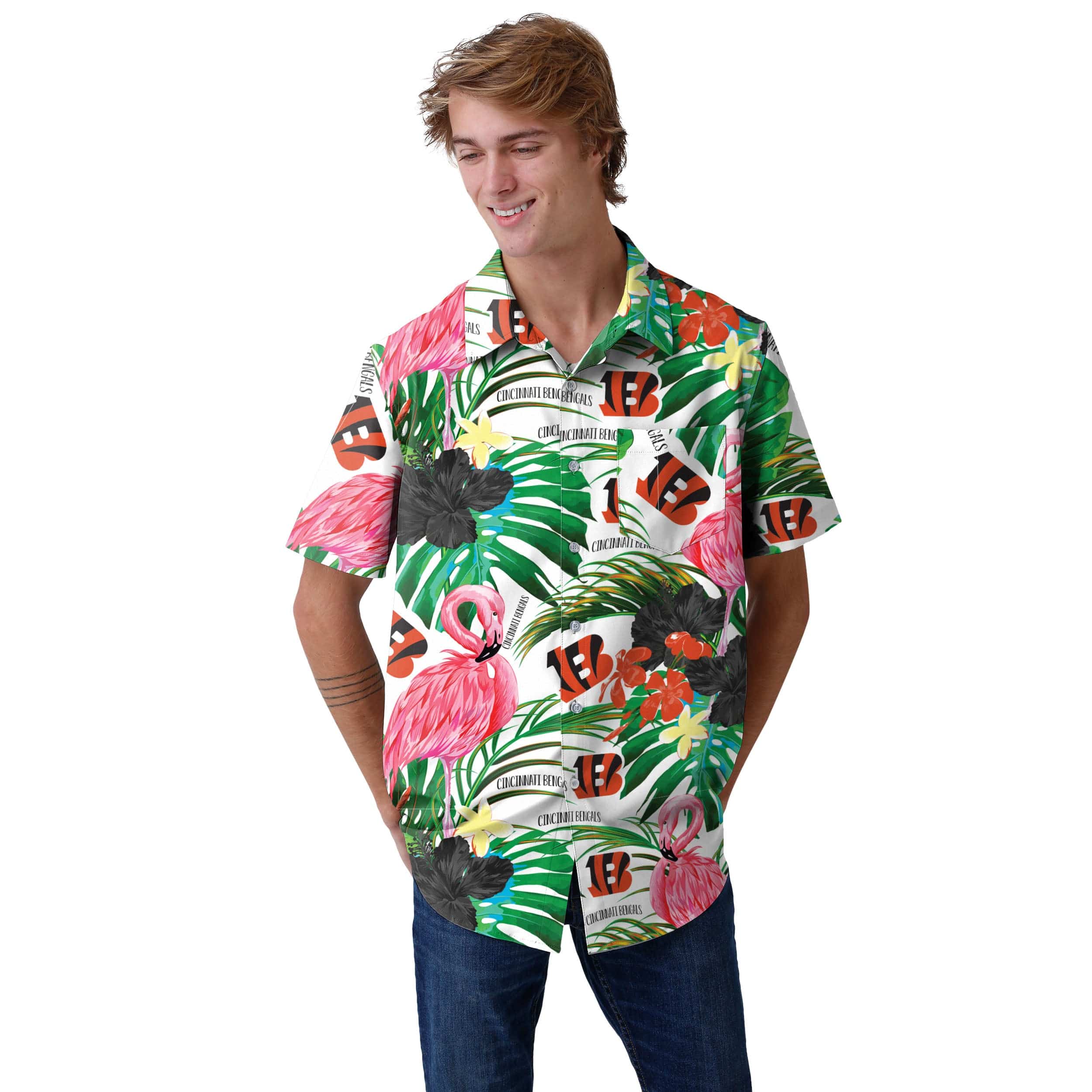 Cincinnati Bengals NFL Mens Flamingo Button Up Shirt - Image 2