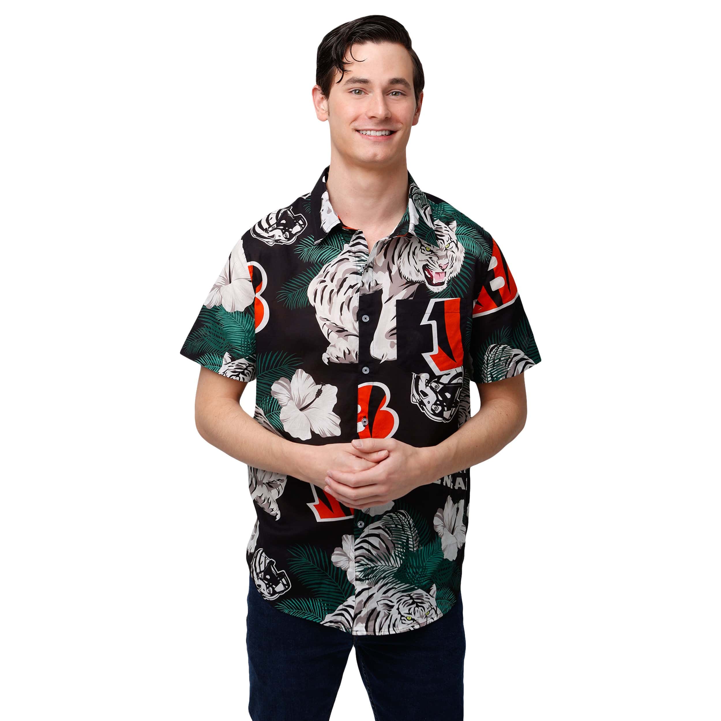 Cincinnati Bengals NFL Mens White Stripe Floral Button Up Shirt - Image 2