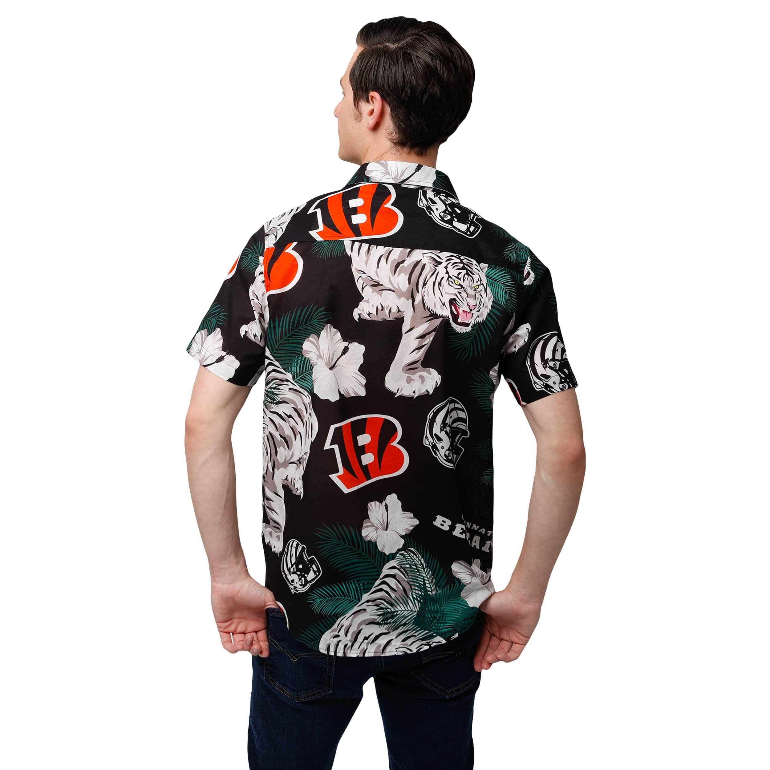 Cincinnati Bengals NFL Mens White Stripe Floral Button Up Shirt - Image 3