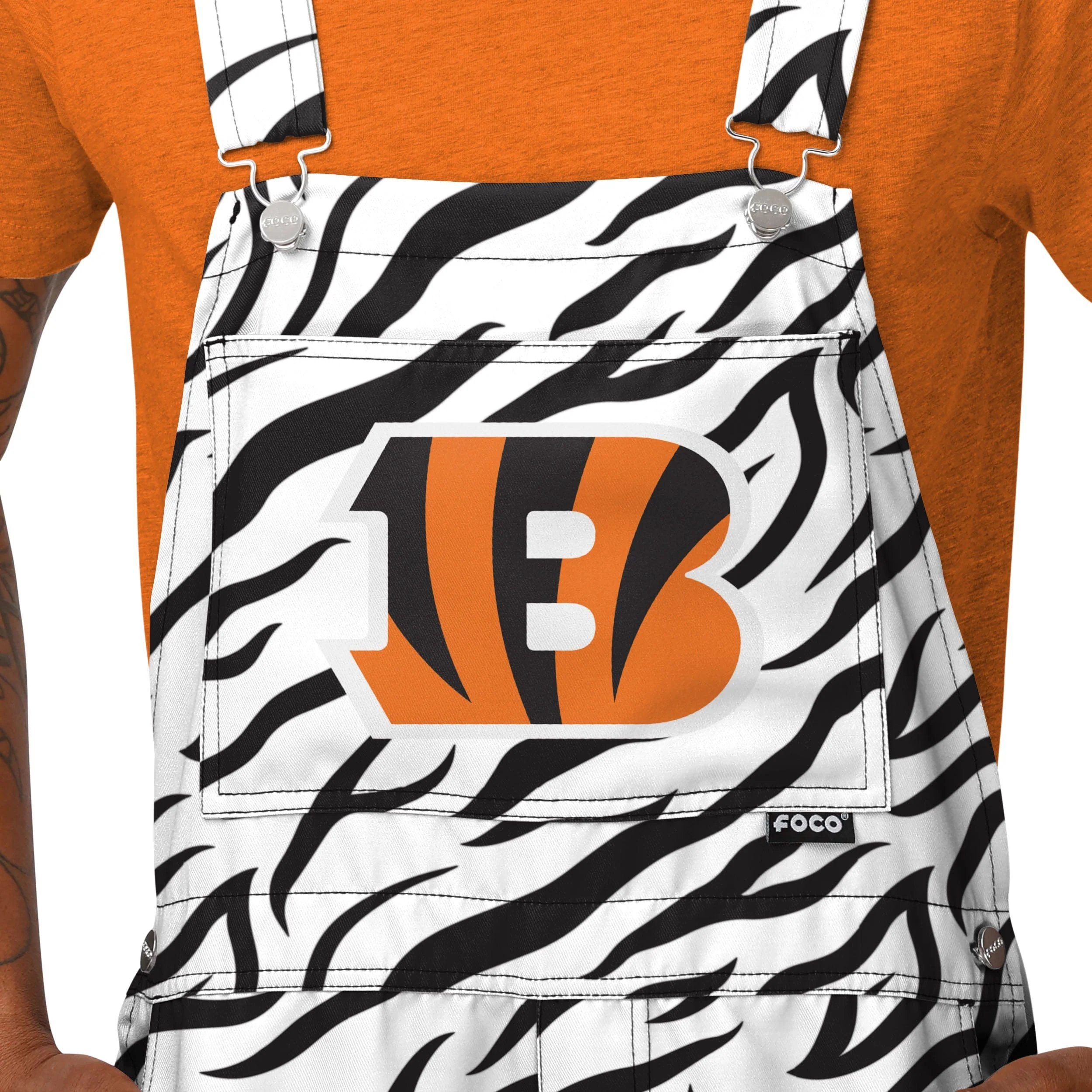 Cincinnati Bengals NFL Mens White Tiger Stripe Thematic Bib Shortalls - Image 4