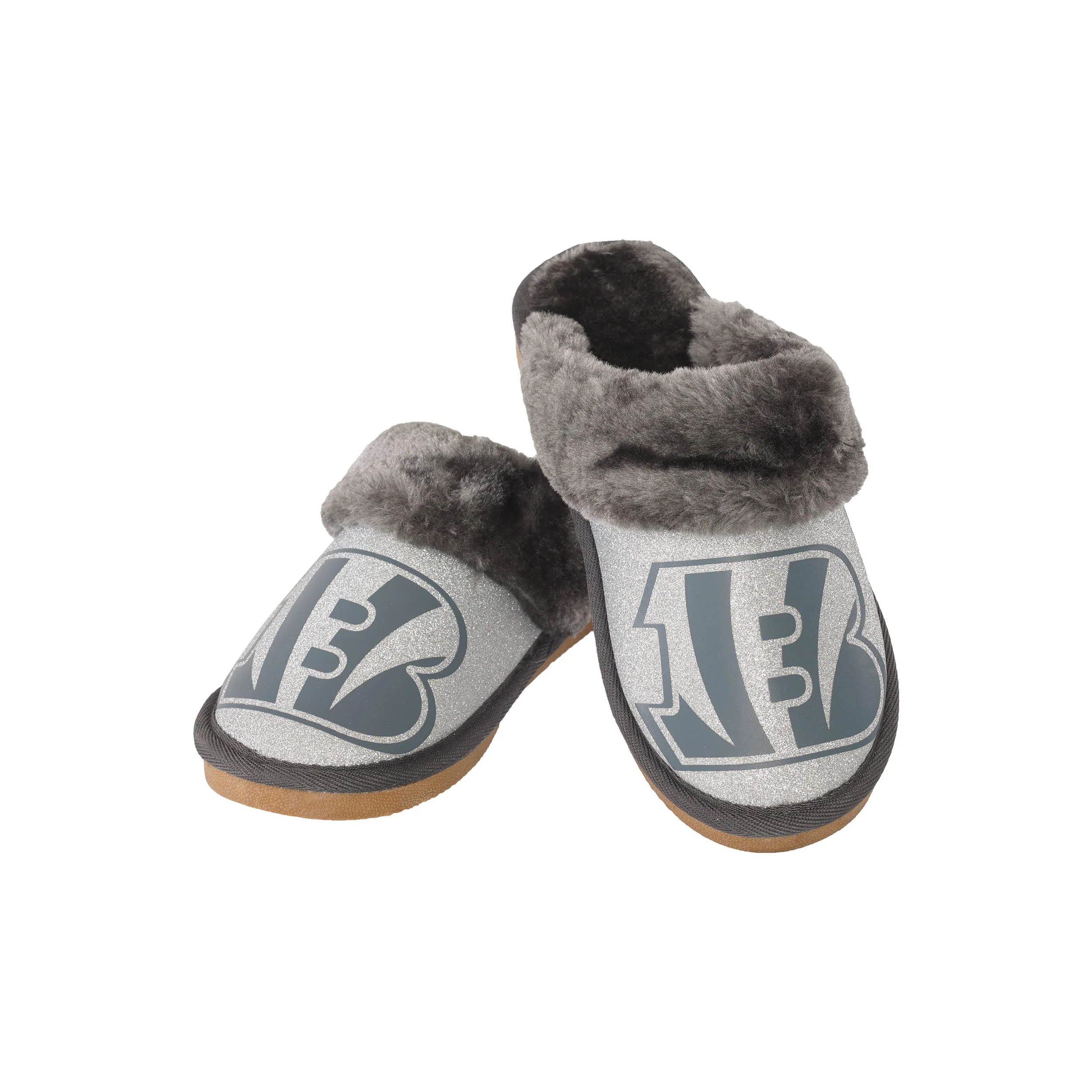 Cincinnati Bengals NFL Womens Glitter Open Back Fur Moccasin Slippers