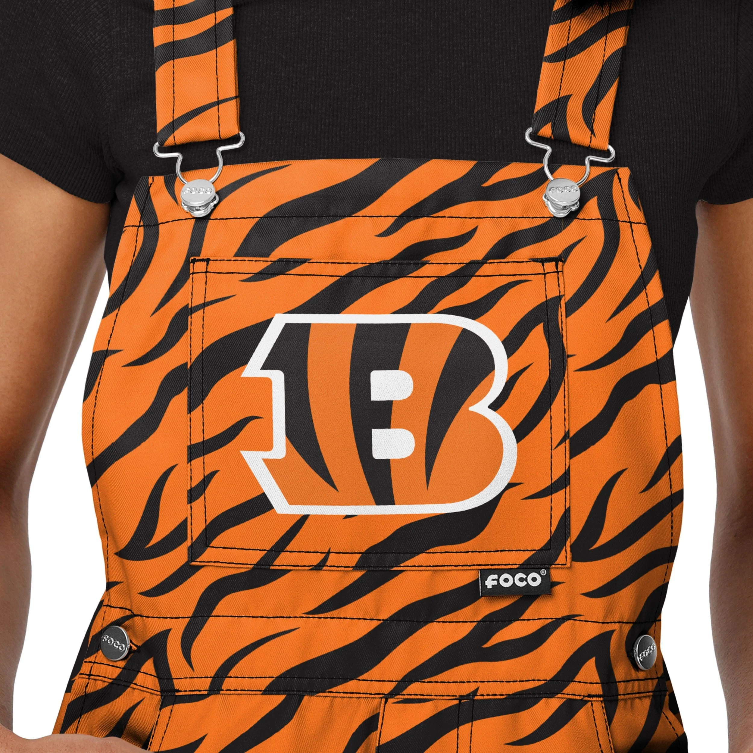 Cincinnati Bengals NFL Womens Tiger Stripe Thematic Bib Shortalls - Image 4