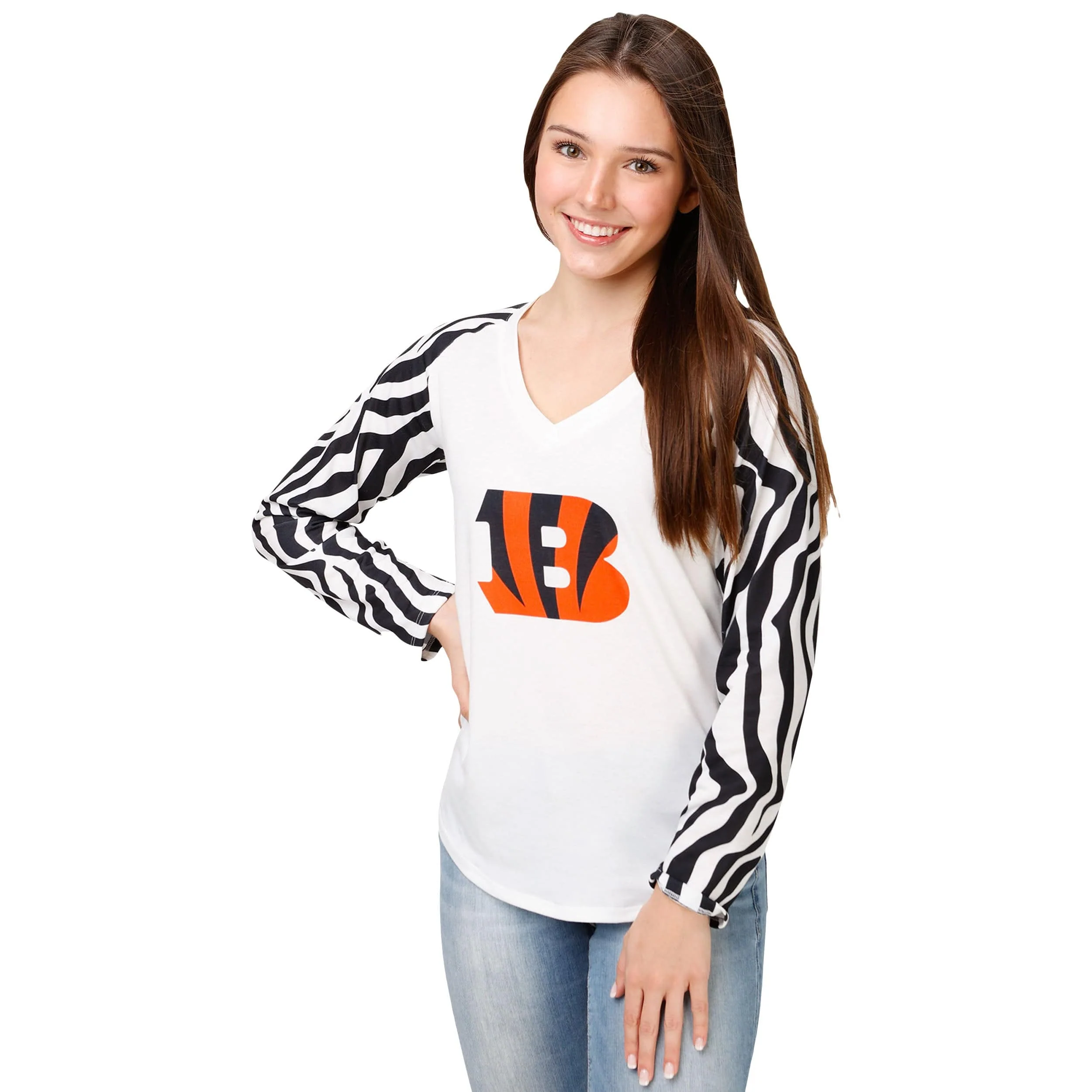 Cincinnati Bengals NFL Womens White Stripe Big Logo Raglan Shirt - Image 2