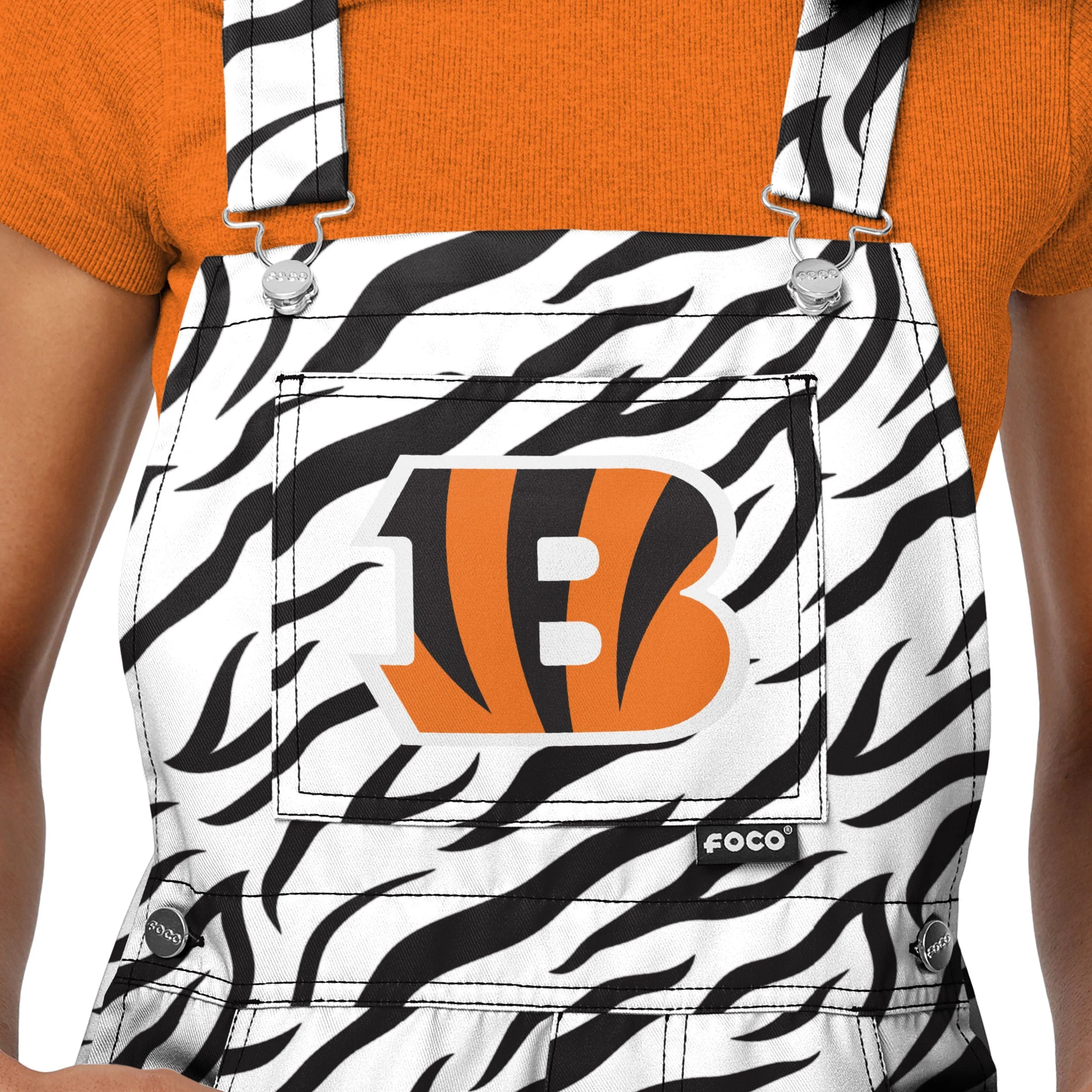 Cincinnati Bengals NFL Womens White Tiger Stripe Thematic Bib Shortalls - Image 4
