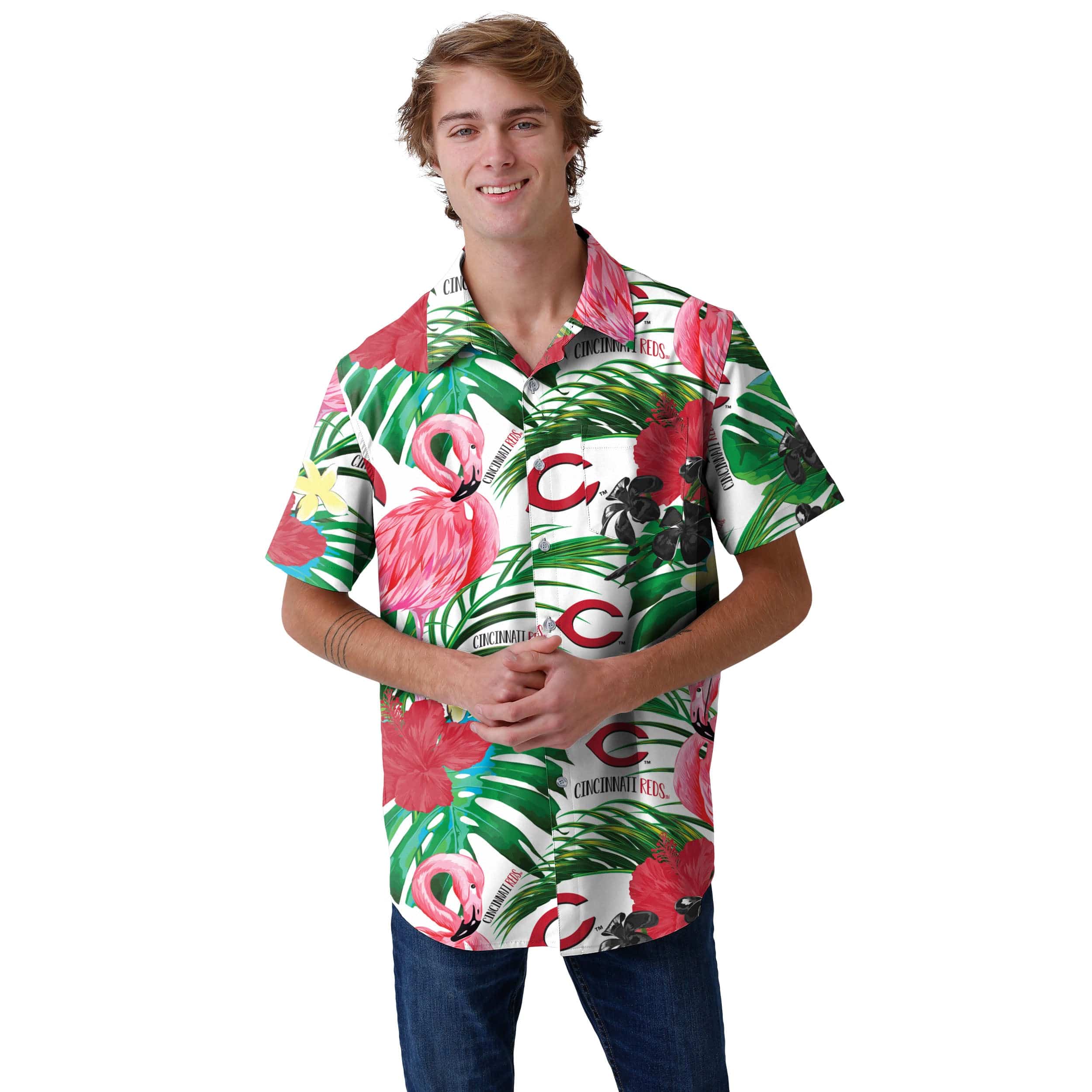Cincinnati Reds MLB Mens Flamingo Button Up Shirt - Image 2