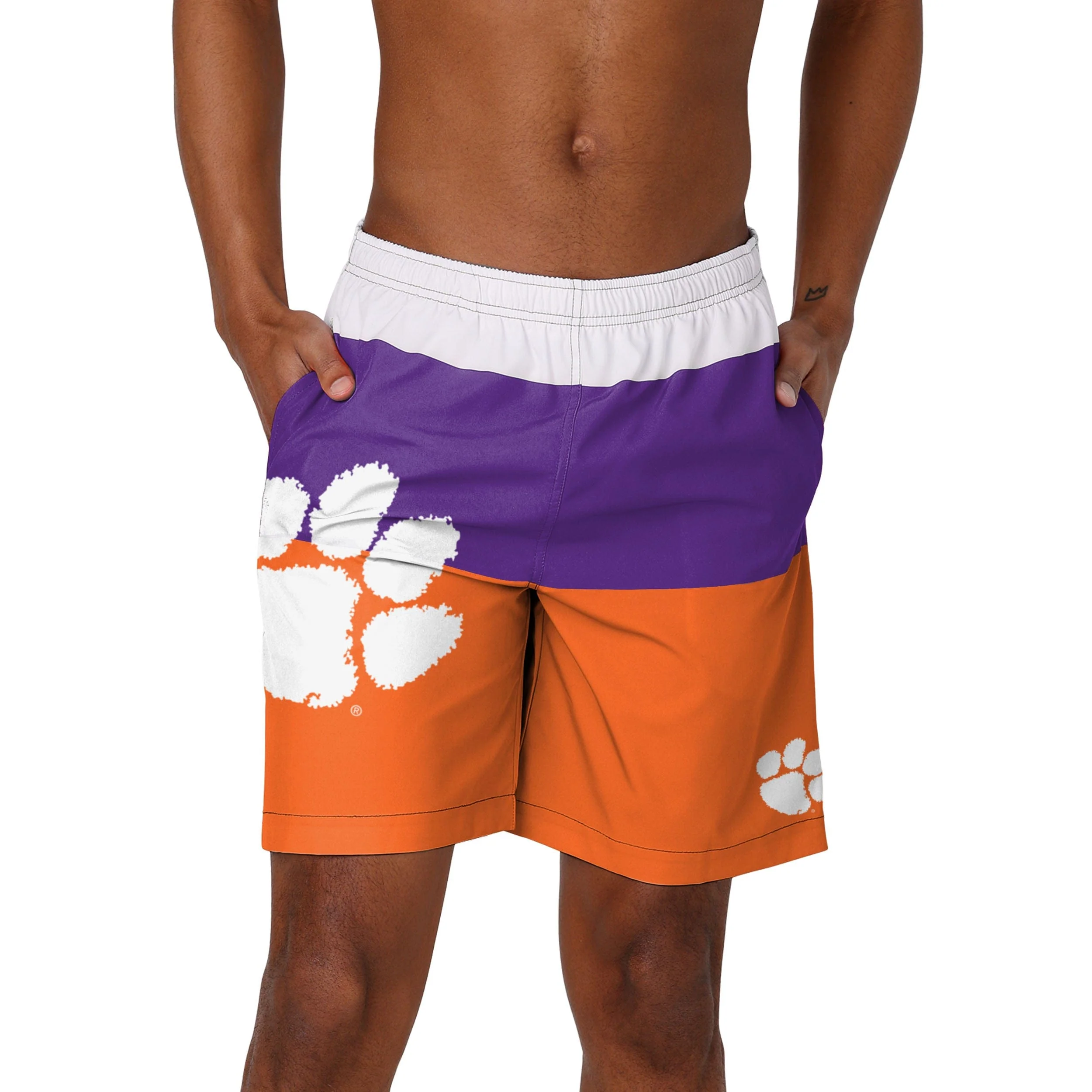 Clemson Tigers NCAA Mens 3 Stripe Big Logo Swimming Trunks - Image 2