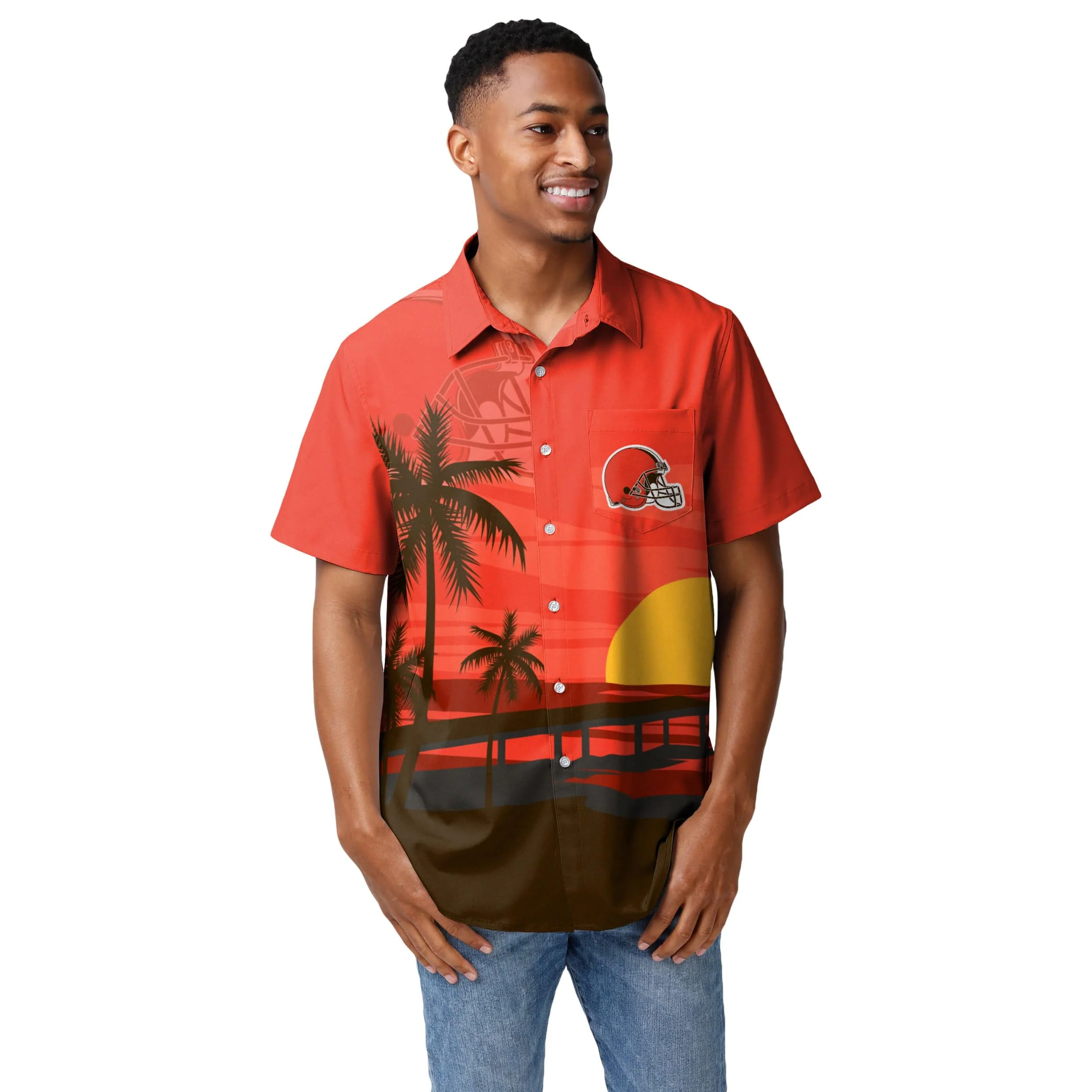Cleveland Browns NFL Mens Tropical Sunset Button Up Shirt - Image 2