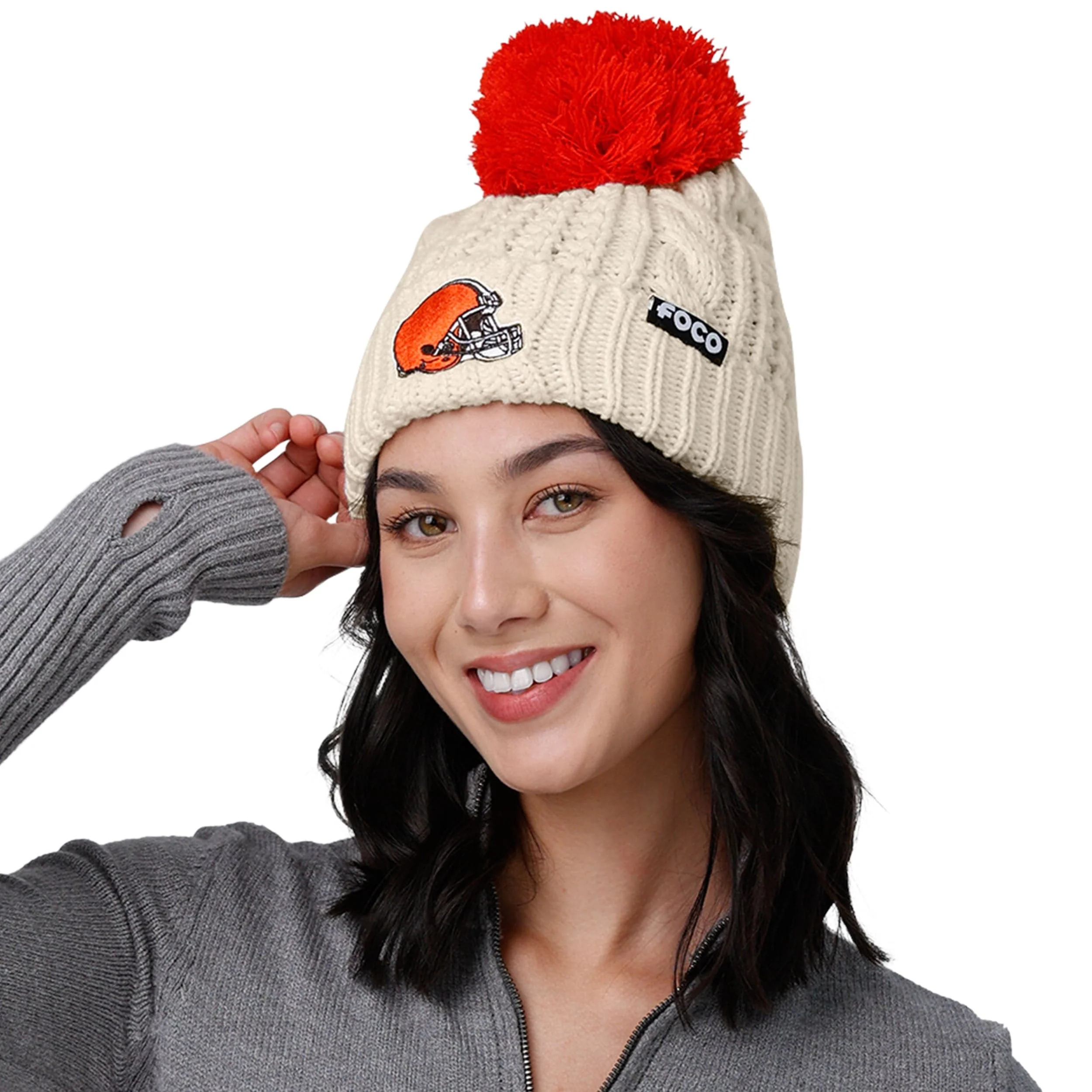 Cleveland Browns NFL Womens Primary Logo White Cable Knit Pom Beanie - Image 3
