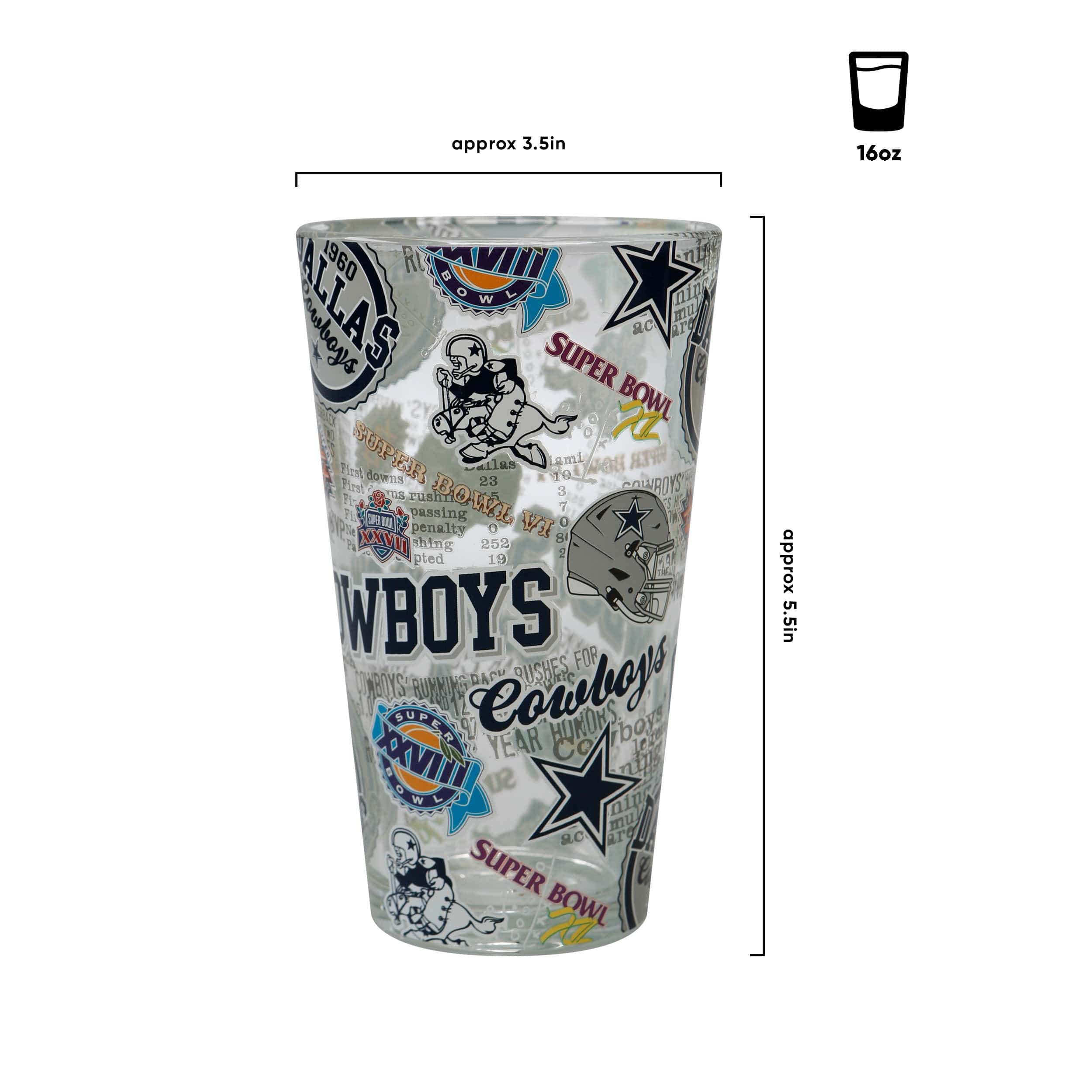 Dallas Cowboys NFL Historic Print Pint Glass - Image 3