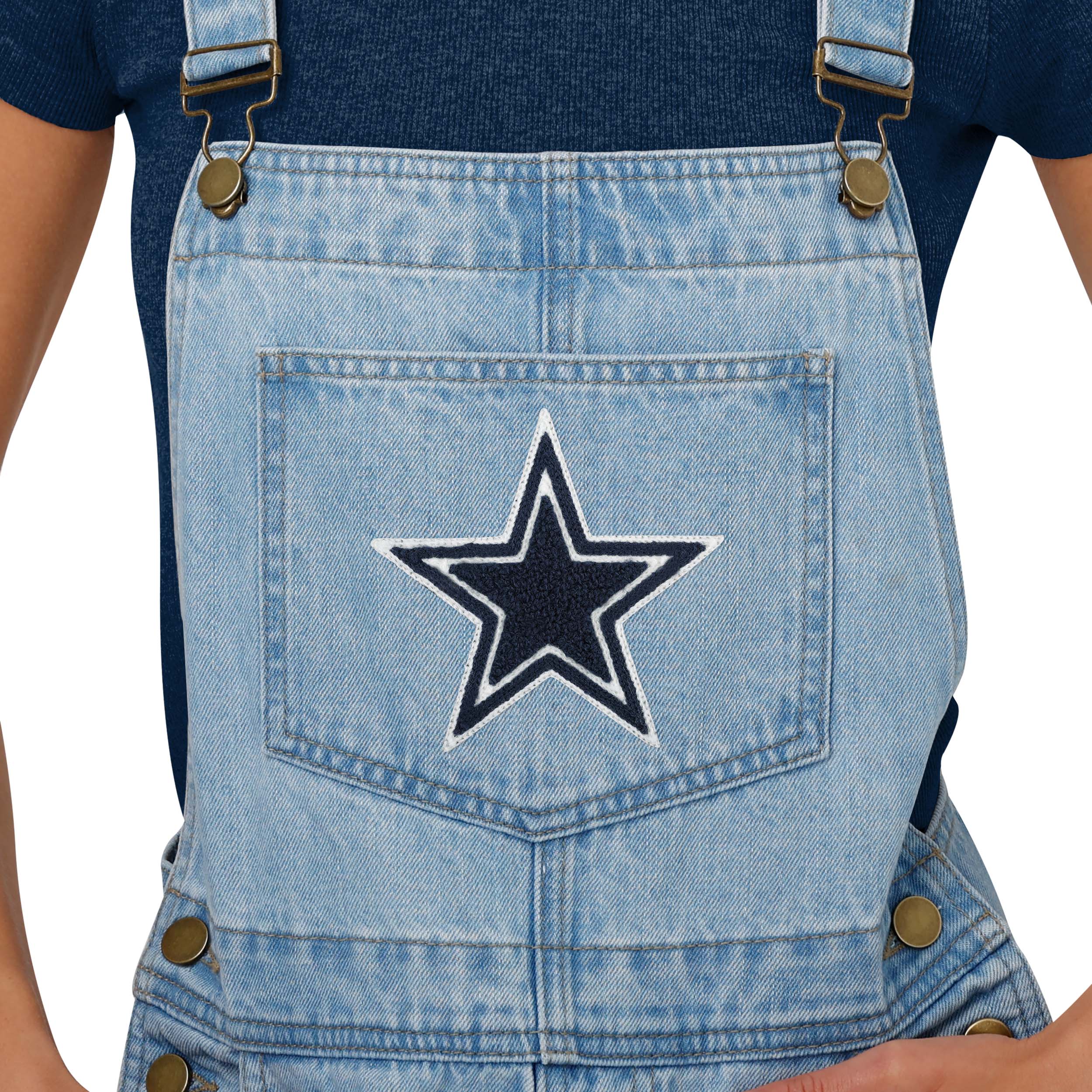 Dallas Cowboys NFL Womens Big Logo Denim Bib Shortalls - Image 3