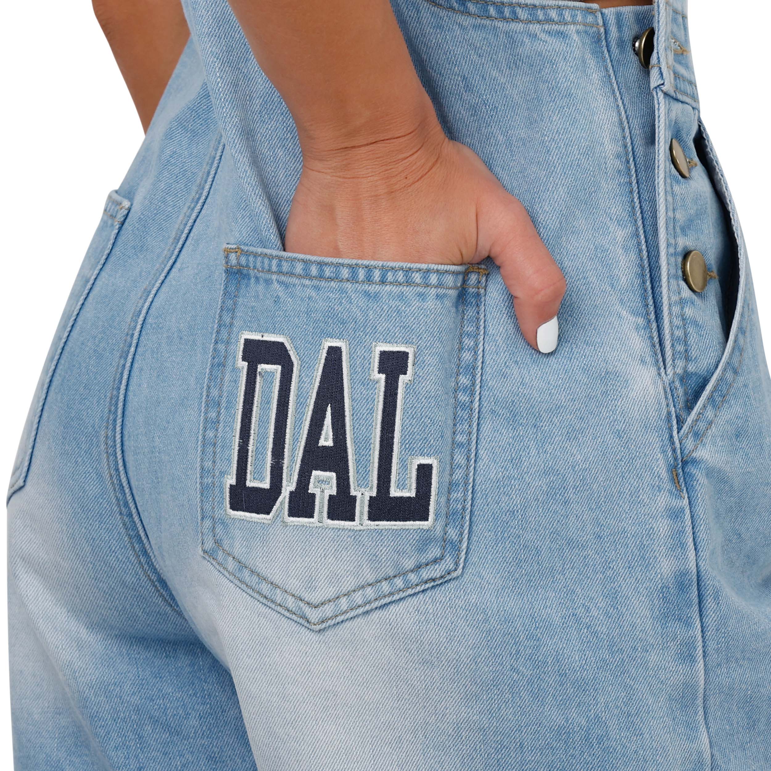 Dallas Cowboys NFL Womens Big Logo Denim Bib Shortalls - Image 5