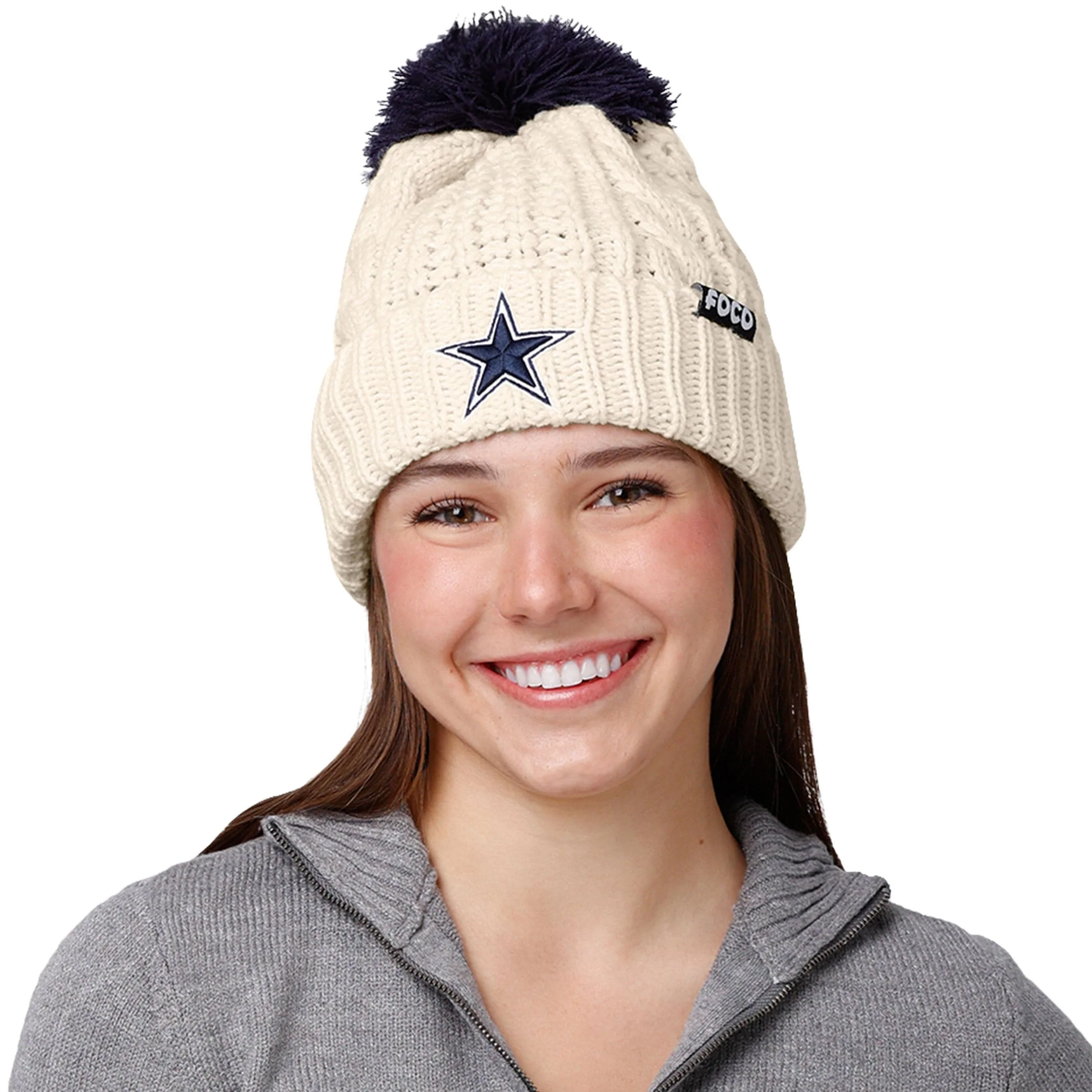 Dallas Cowboys NFL Womens Primary Logo White Cable Knit Pom Beanie - Image 3