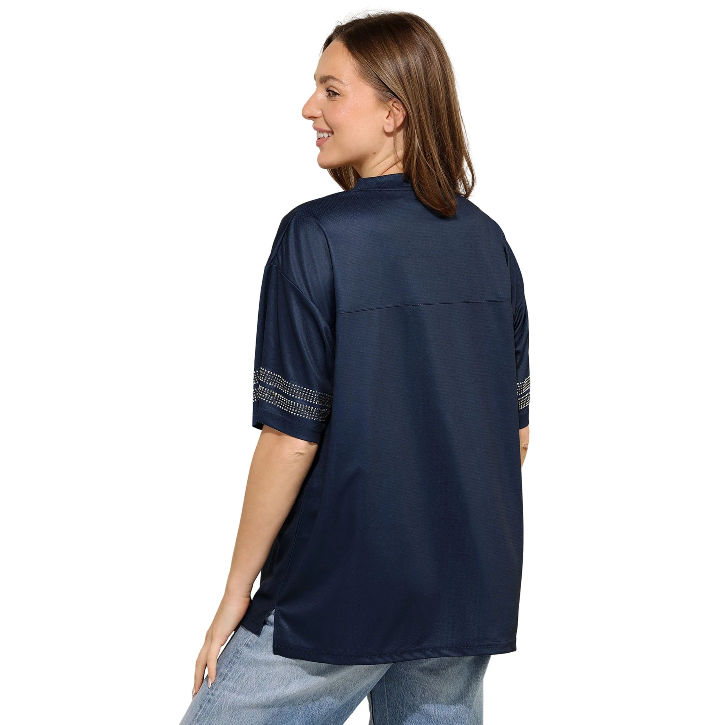 Dallas Cowboys NFL Womens Rhinestone Logo Oversized V-Neck Mesh T-Shirt - Image 3