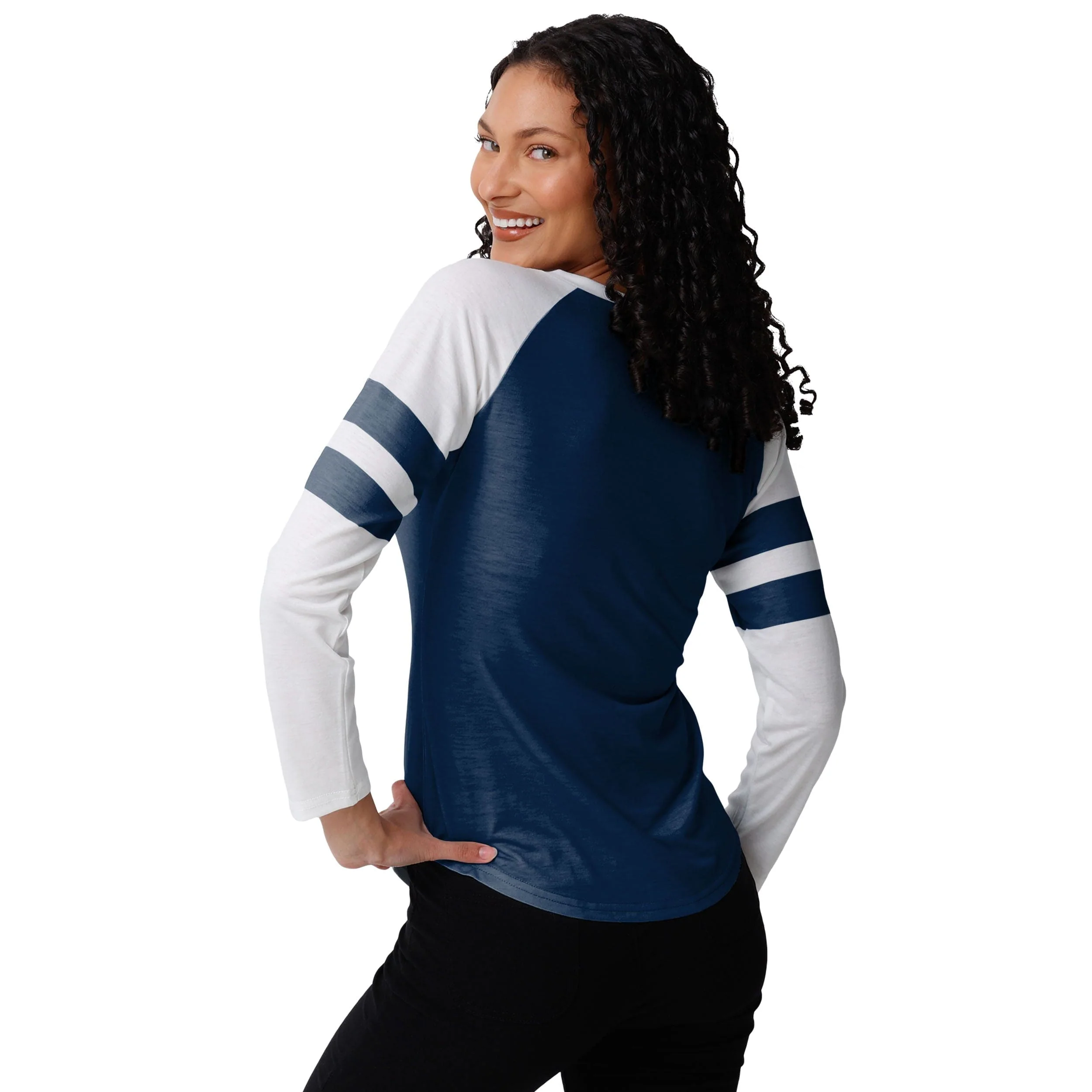 Dallas Cowboys NFL Womens Script Wordmark Striped Sleeve Raglan T-Shirt - Image 3