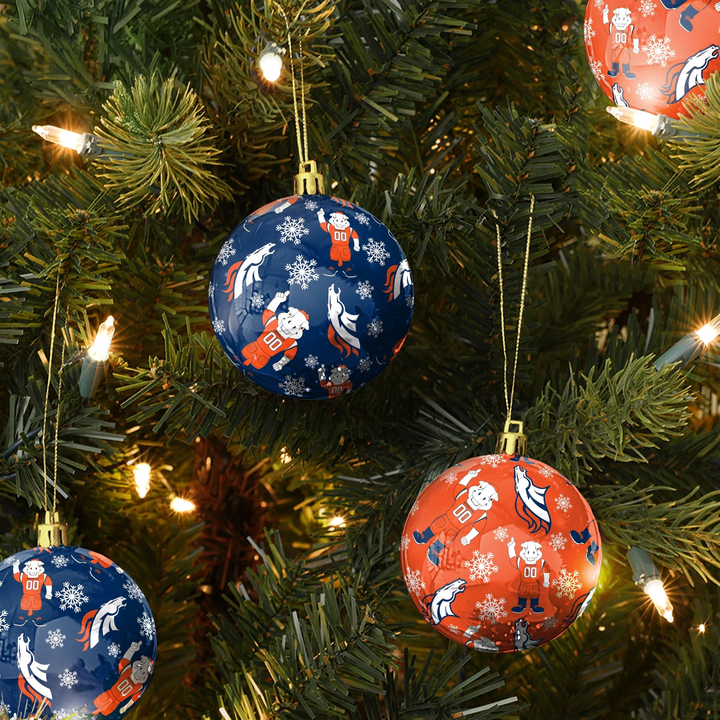Denver Broncos NFL 4 Pack Ball Mascot Ornament Set - Image 2
