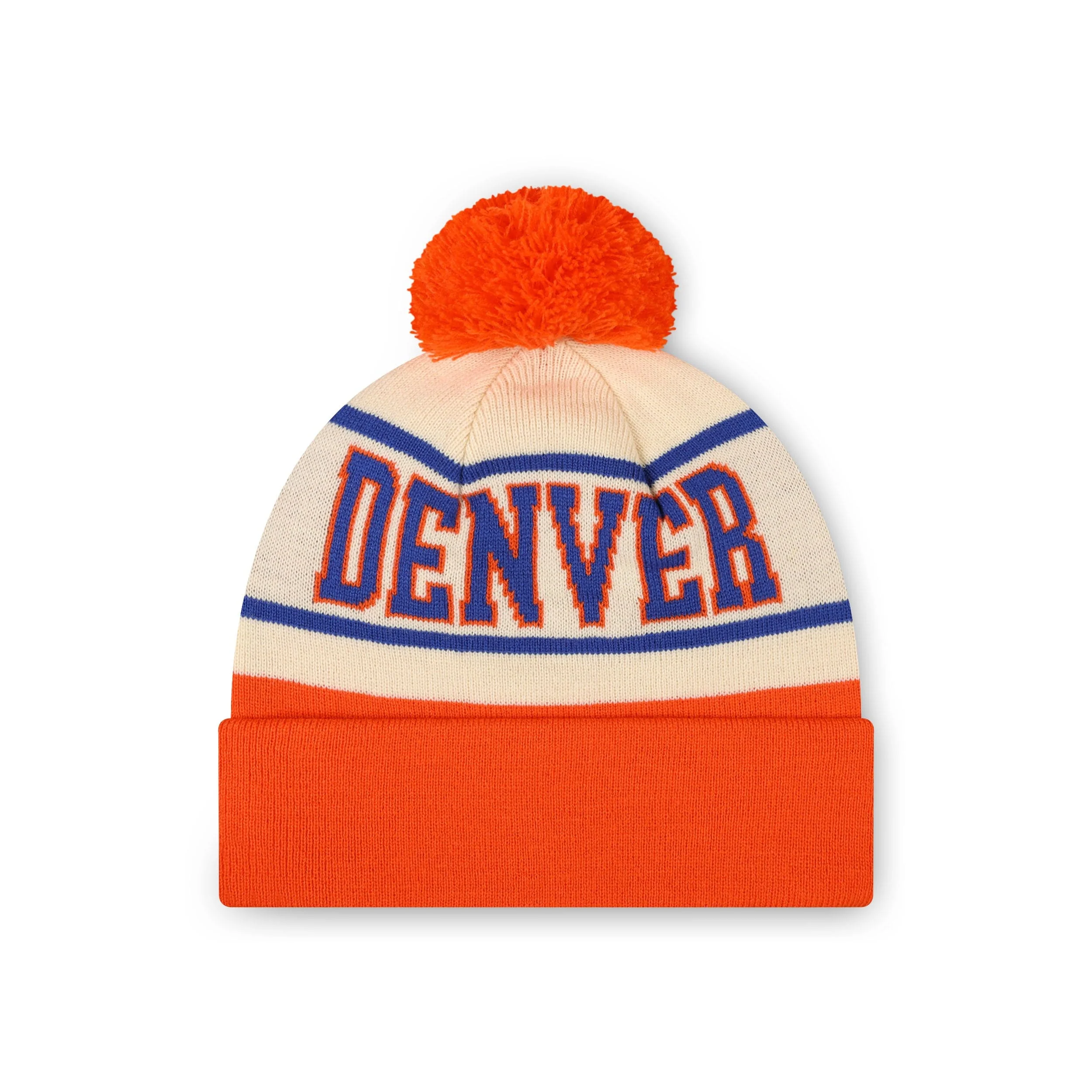 Denver Broncos NFL Cream Heritage Stripe Retro Logo Pom Beanie - Image 2