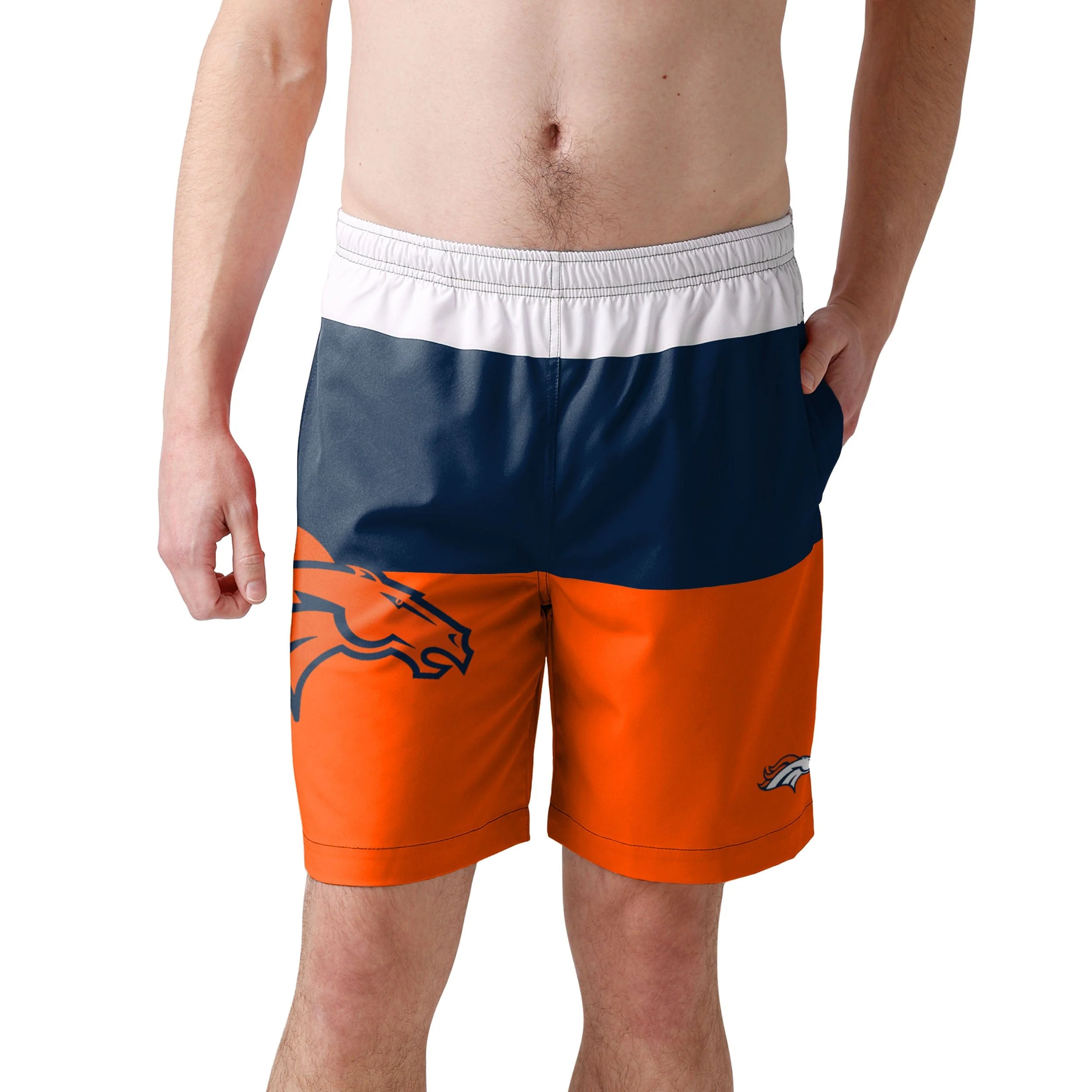 Denver Broncos NFL Mens 3 Stripe Big Logo Swimming Trunks - Image 2
