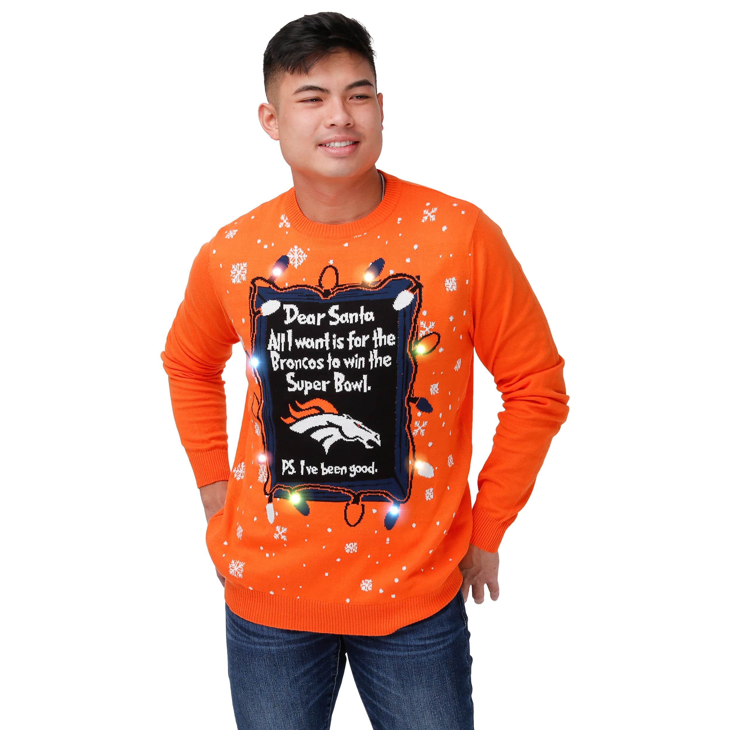 Denver Broncos NFL Mens Dear Santa Light Up Sweater - Image 2