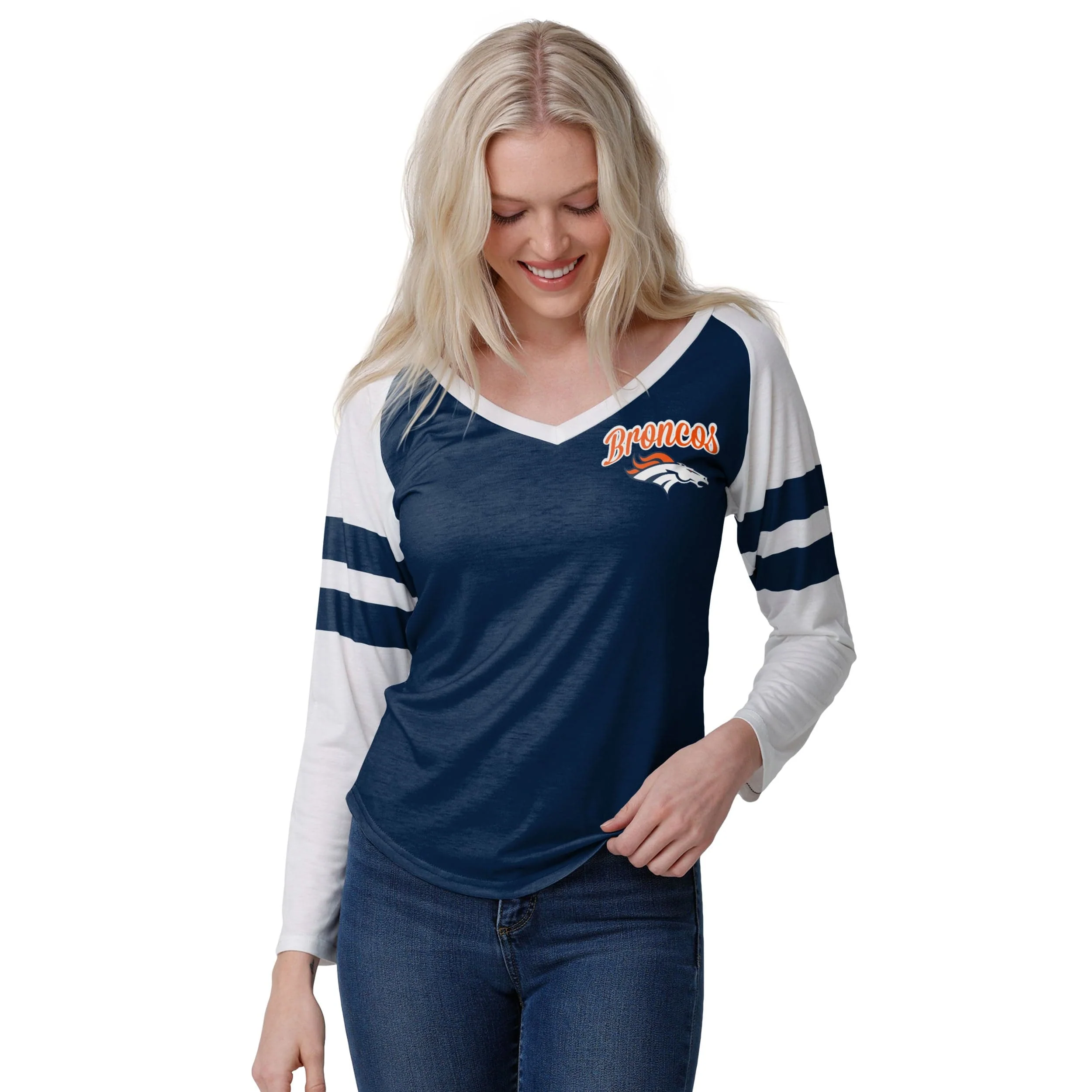 Denver Broncos NFL Womens Script Wordmark Striped Sleeve Raglan T-Shirt - Image 2