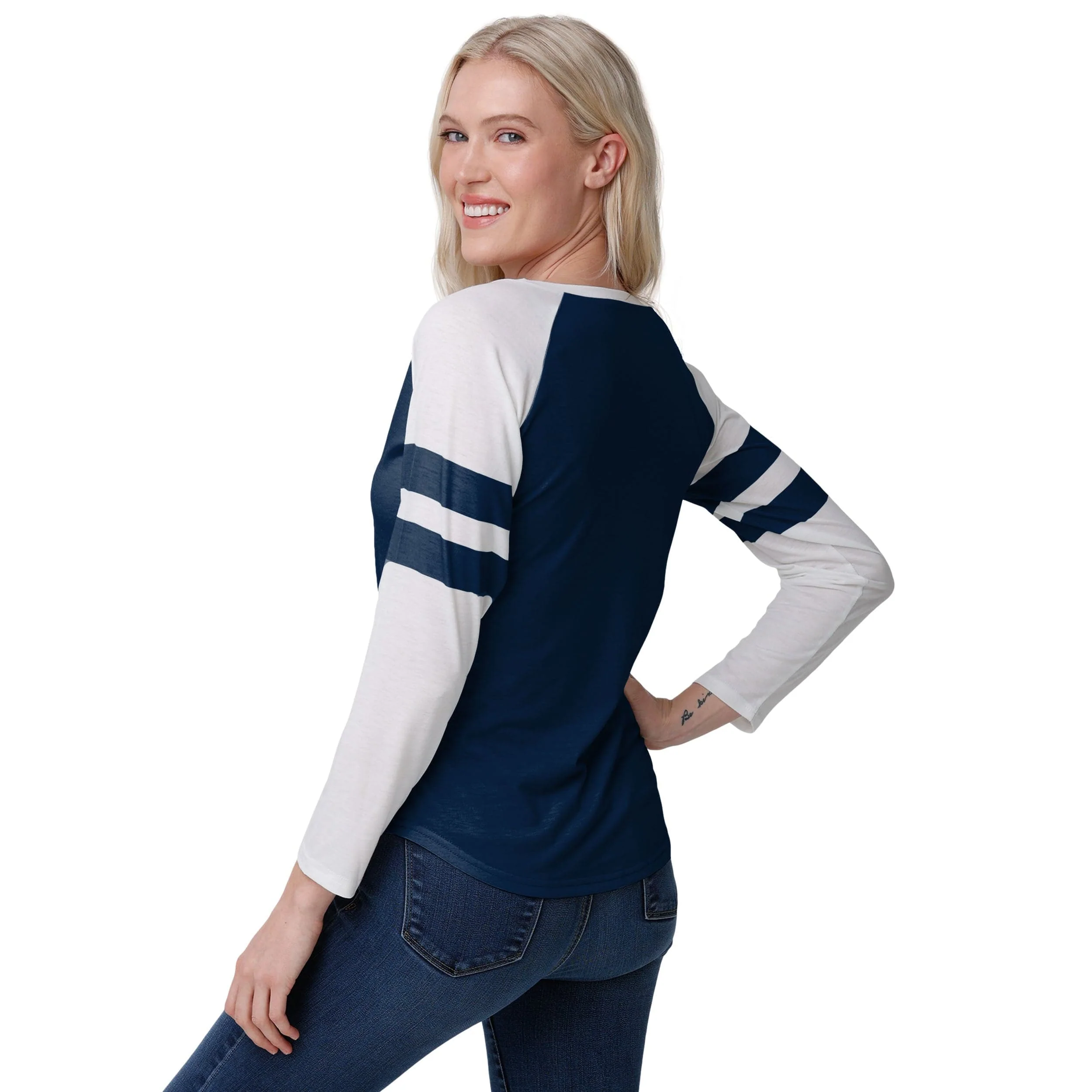 Denver Broncos NFL Womens Script Wordmark Striped Sleeve Raglan T-Shirt - Image 3