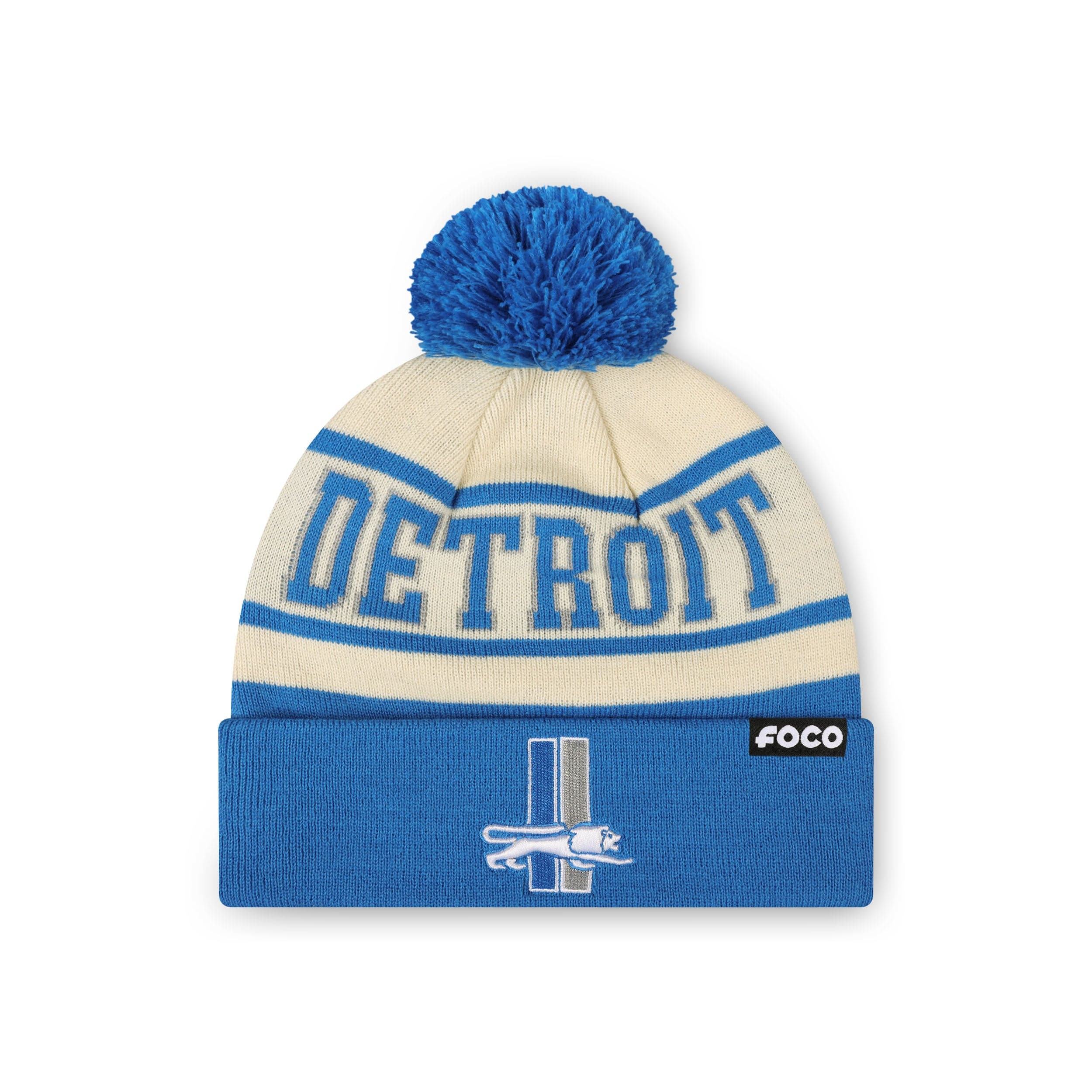 Detroit Lions NFL Cream Heritage Stripe Retro Logo Pom Beanie
